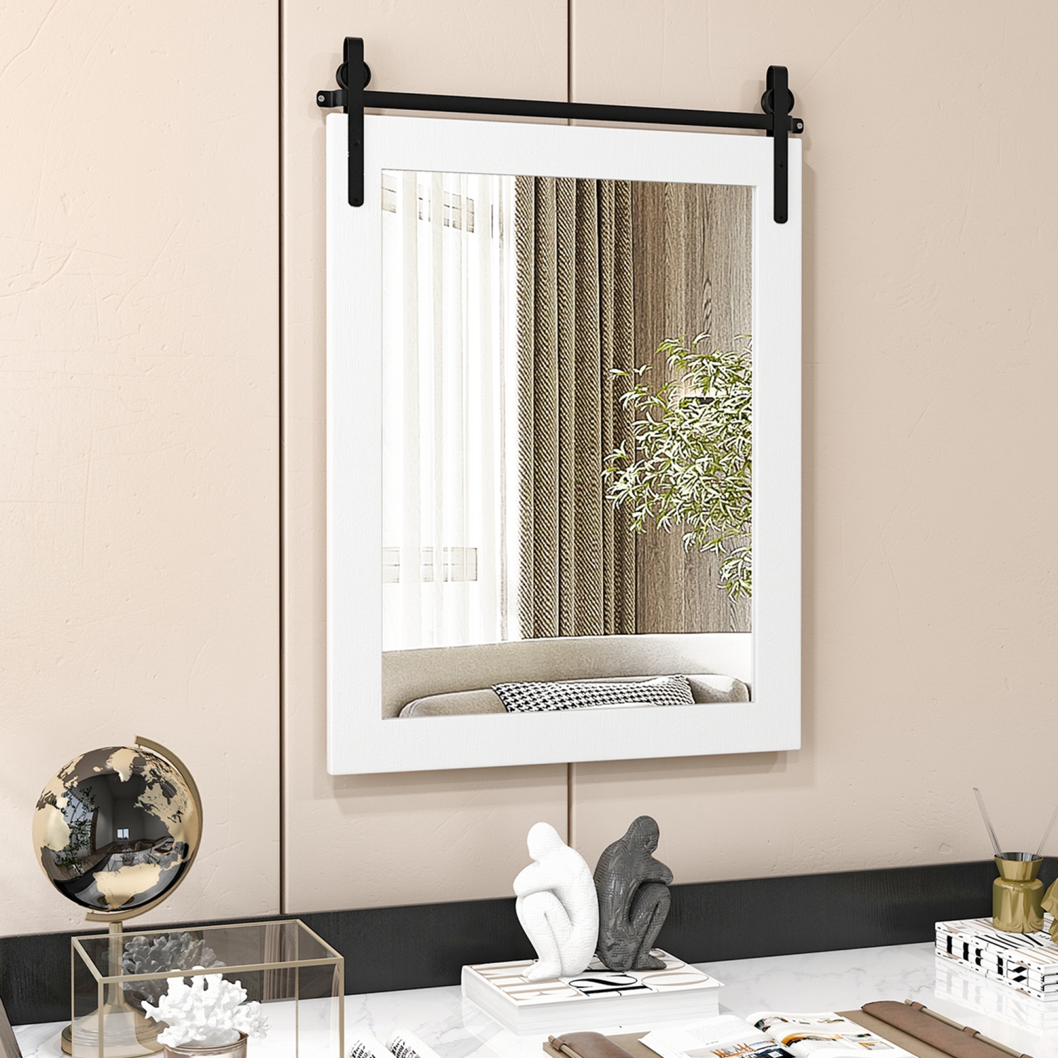 Costway – Miroir mural de 30 x x22 po, miroir de salle de bain, cadre en bois, porte de grange, blanc