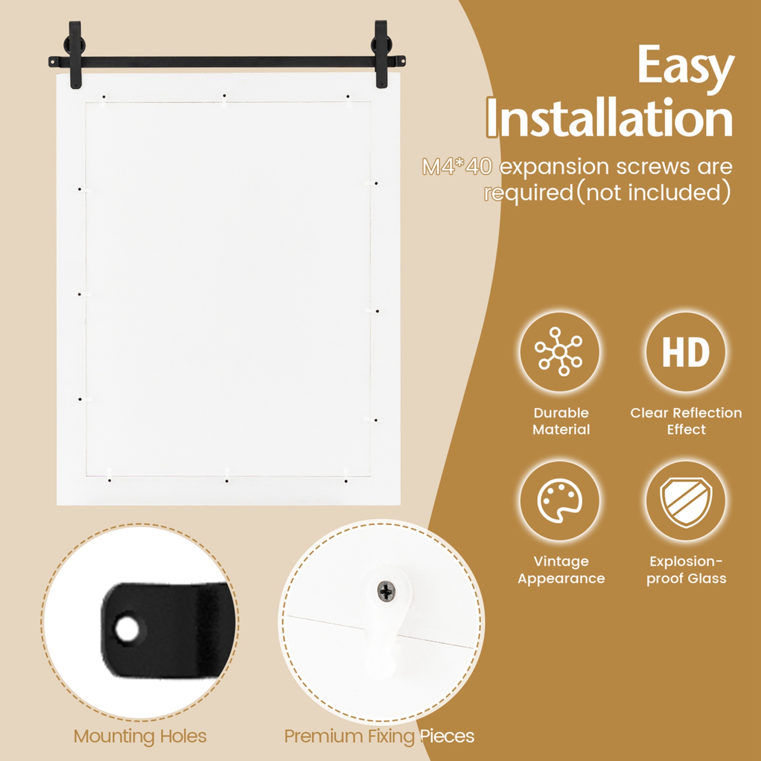 Costway – Miroir mural de 30 x x22 po, miroir de salle de bain, cadre en bois, porte de grange, blanc