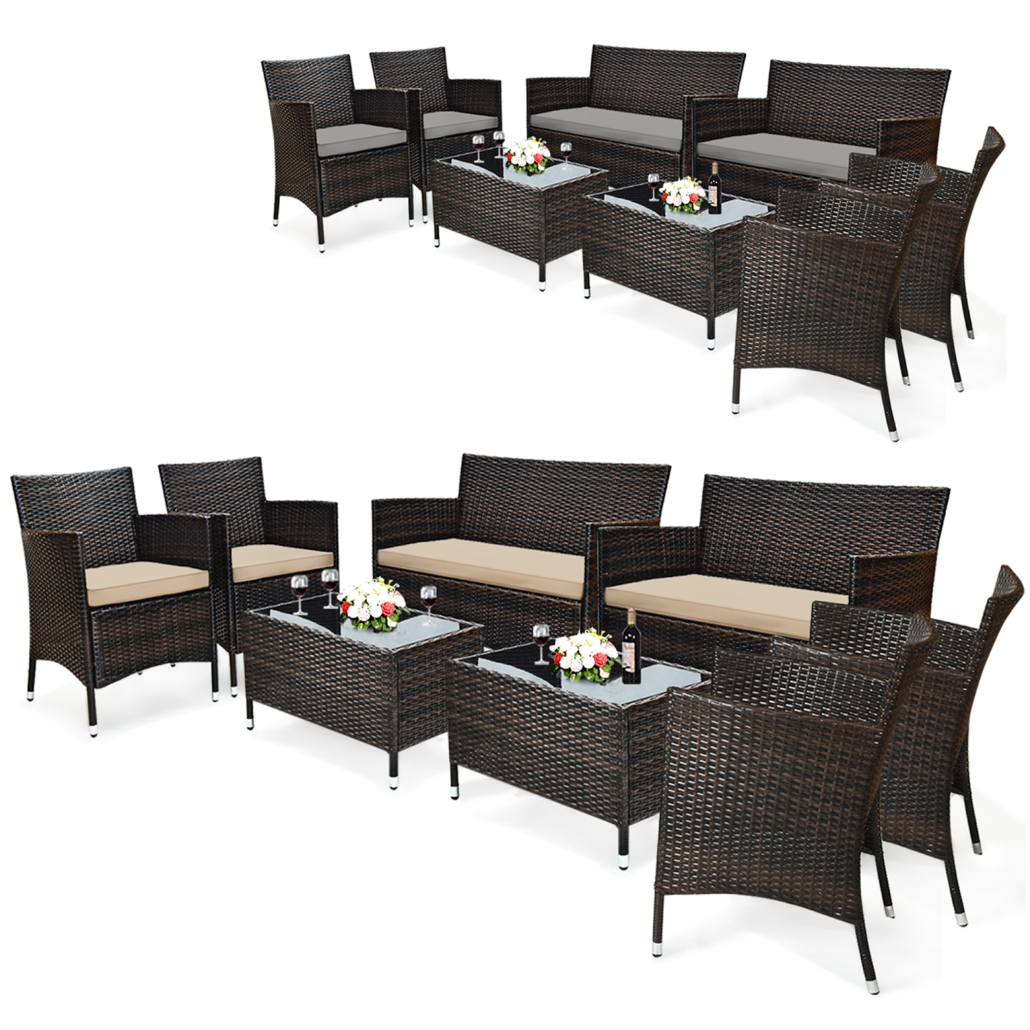 Costway 8PCS Rattan Patio Furniture Set Cushioned Sofa Chair Coffee Table