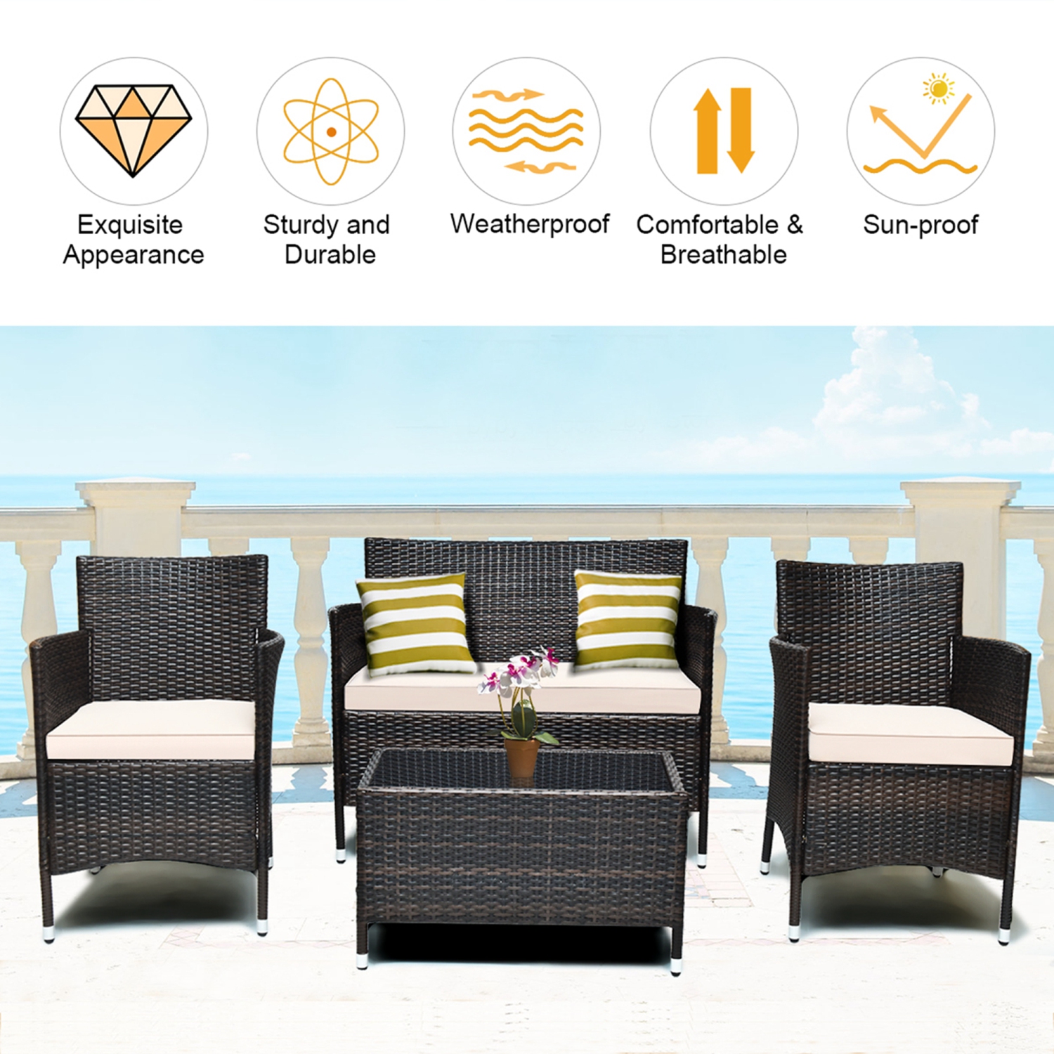 Costway 8PCS Rattan Patio Furniture Set Cushioned Sofa Chair Coffee Table