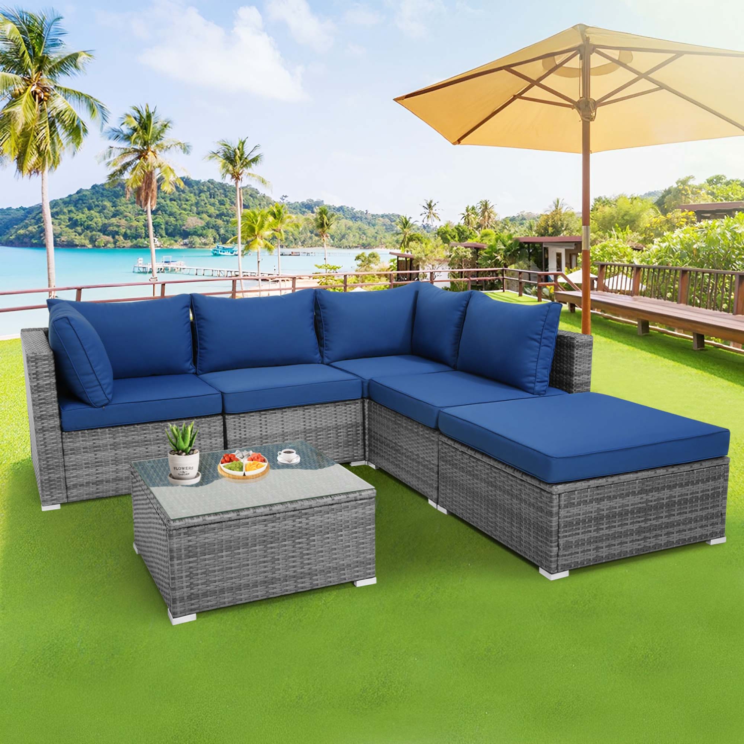 Ensemble de patio en osier avec canapé modulaire rembourré et table basse de Costway 6PCS - Bleu marine