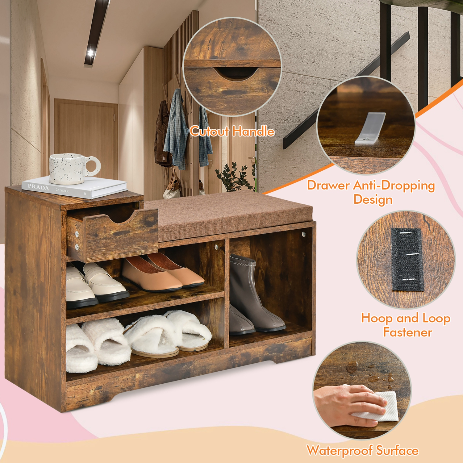 Costway 2-tier Shoe Bench Storage Shoe Rack Organizer Cabinet with Cushion for Entryway