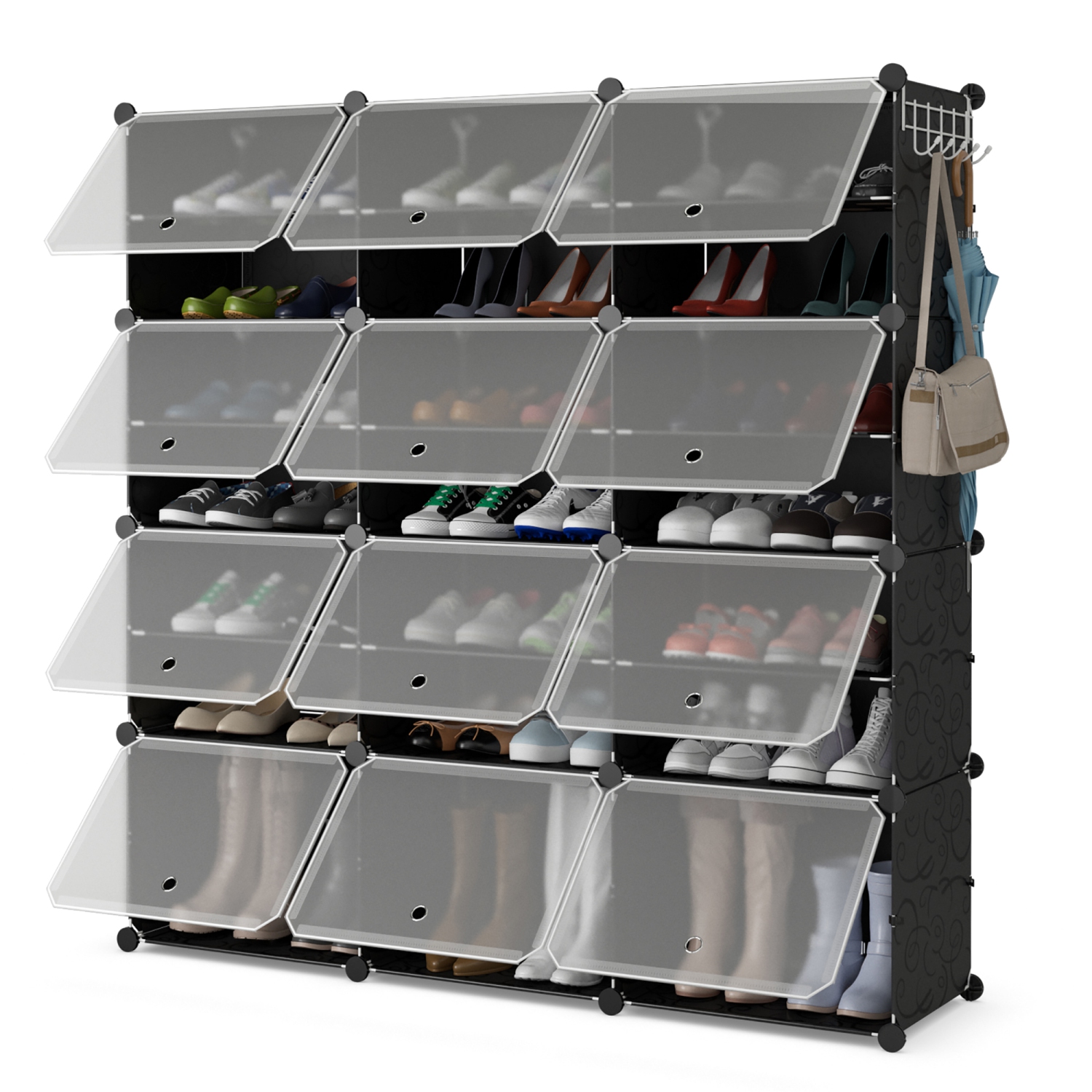 Costway Portable Shoe Rack Organizer 12-Cube 48 Pair Shoe Shelf Storage Cabinet with Hook White/Black