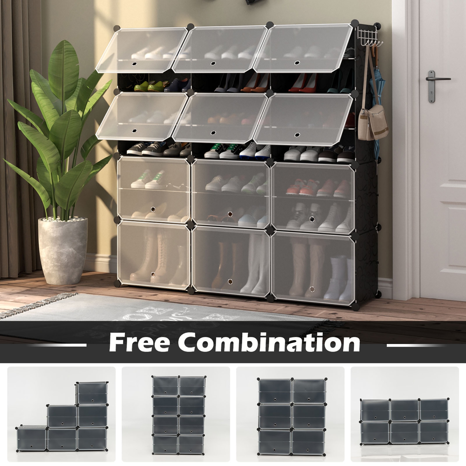 Costway Portable Shoe Rack Organizer 12-Cube 48 Pair Shoe Shelf Storage Cabinet with Hook White/Black