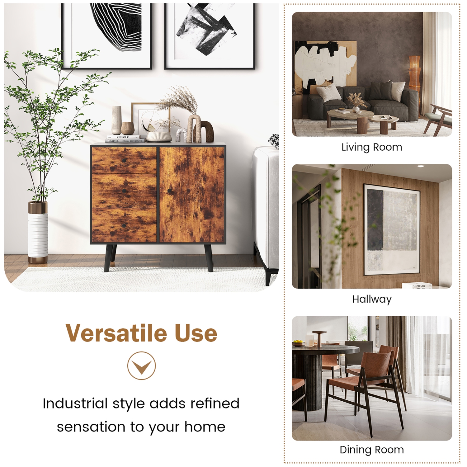 Costway Mid-Century Rustic Storage Cabinet Multipurpose Wood Shelf Organizer with 3 Drawers