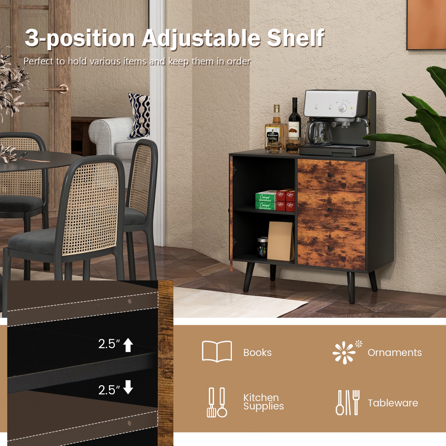 Costway Mid-Century Rustic Storage Cabinet Multipurpose Wood Shelf Organizer with 3 Drawers