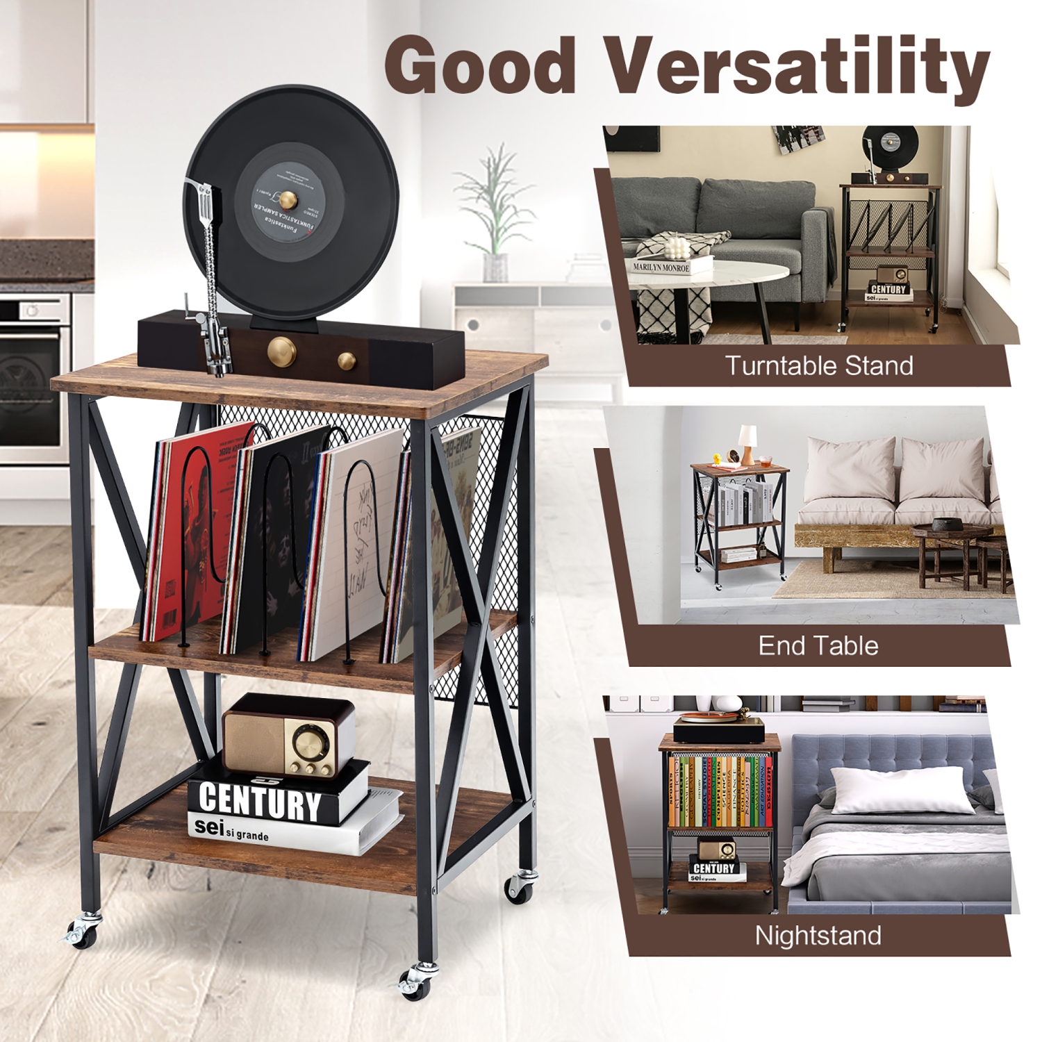 Costway 3-tier Rolling Turntable Stand Vinyl Record Storage Shelf with 3 Dividers & Wheels