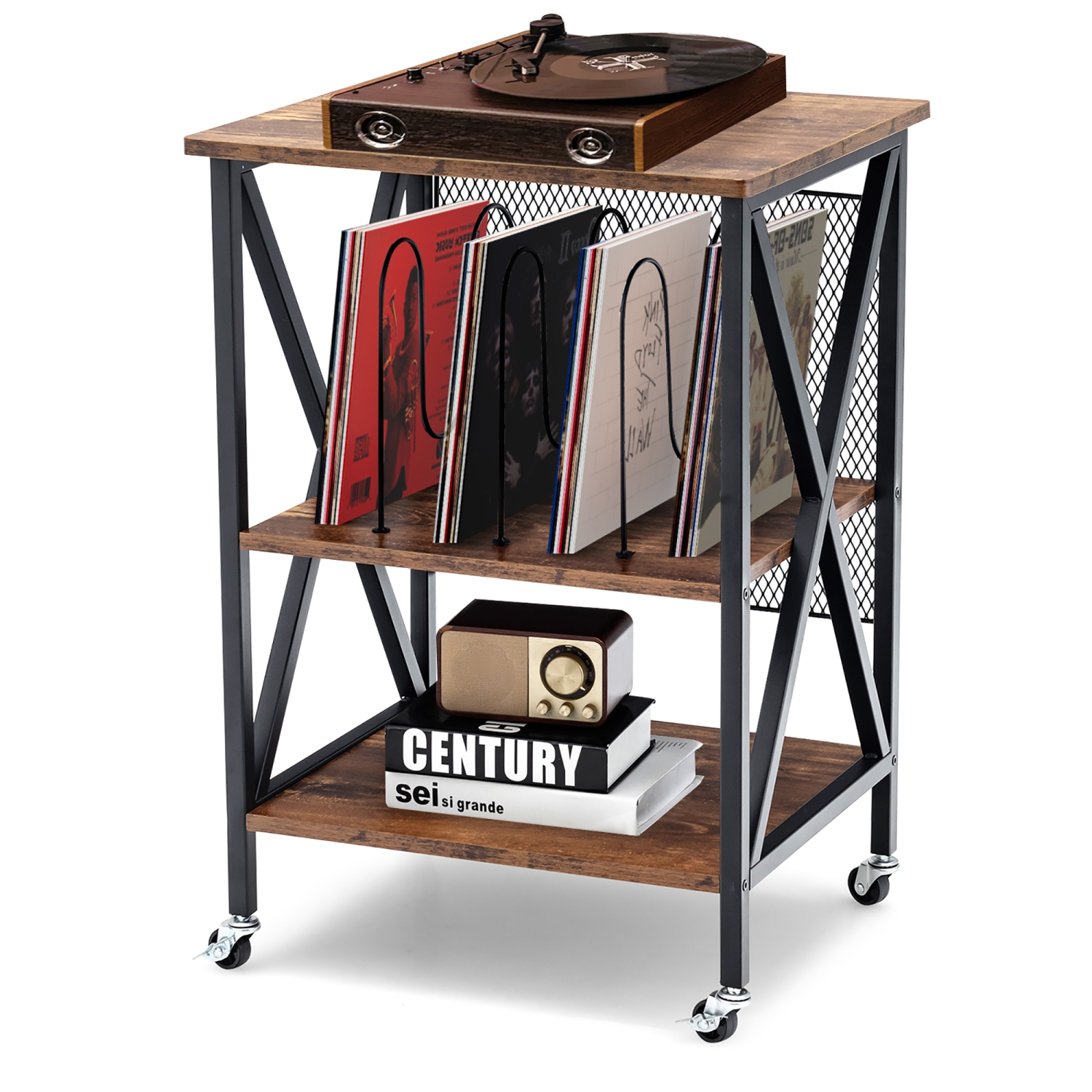 Costway 3-tier Rolling Turntable Stand Vinyl Record Storage Shelf with 3 Dividers & Wheels