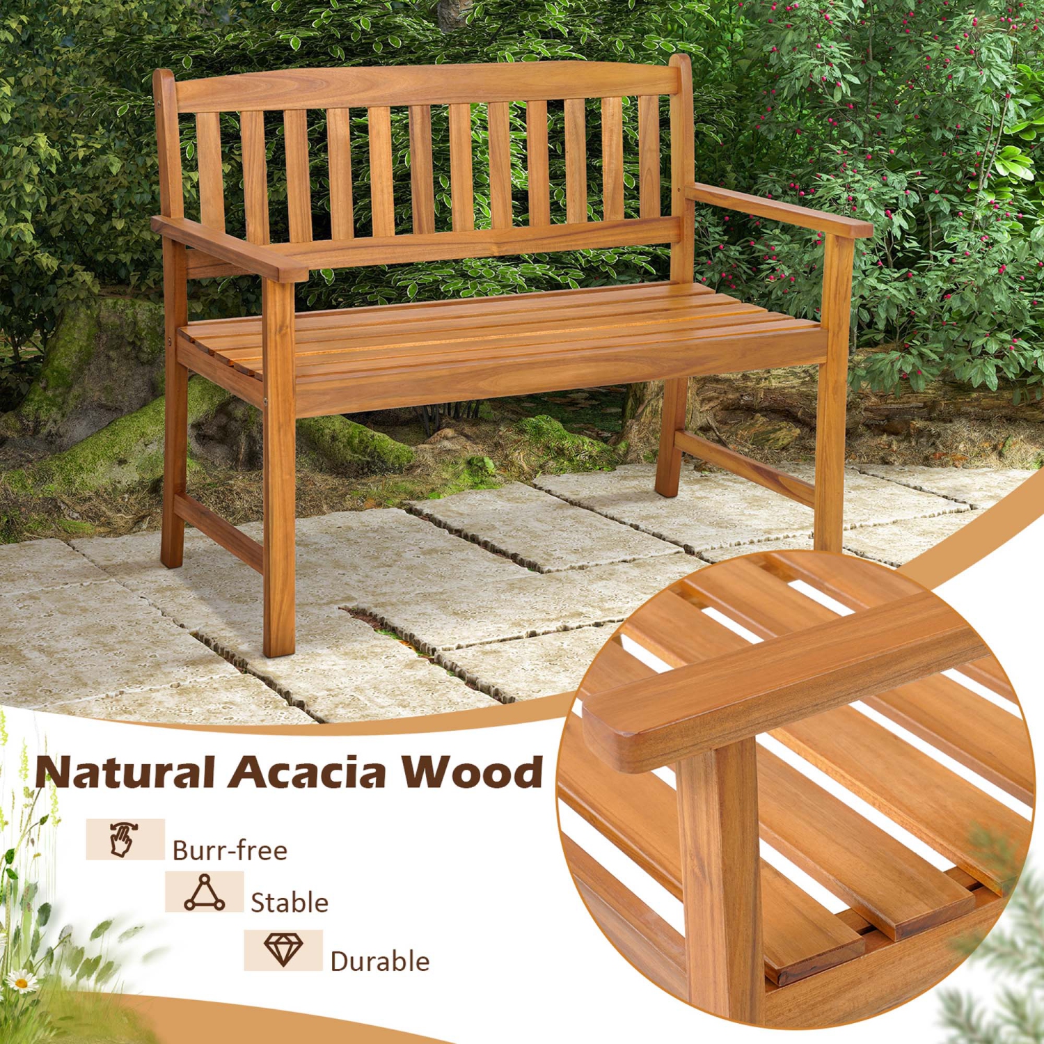 Banc de patio en bois d'acacia de Costway pour 2&nbsp;personnes dossier latté 800 lb extérieur naturel