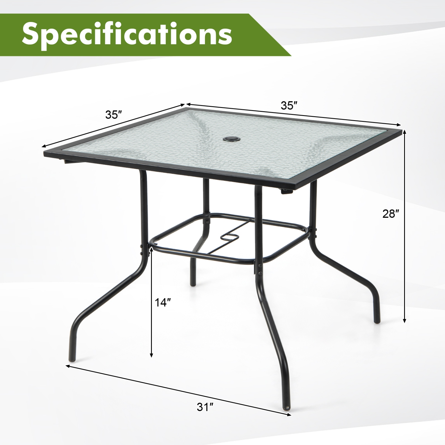 Table de patio de 35 po avec dessus en verre trempé et trou de parasol de 1,5 po de Costway