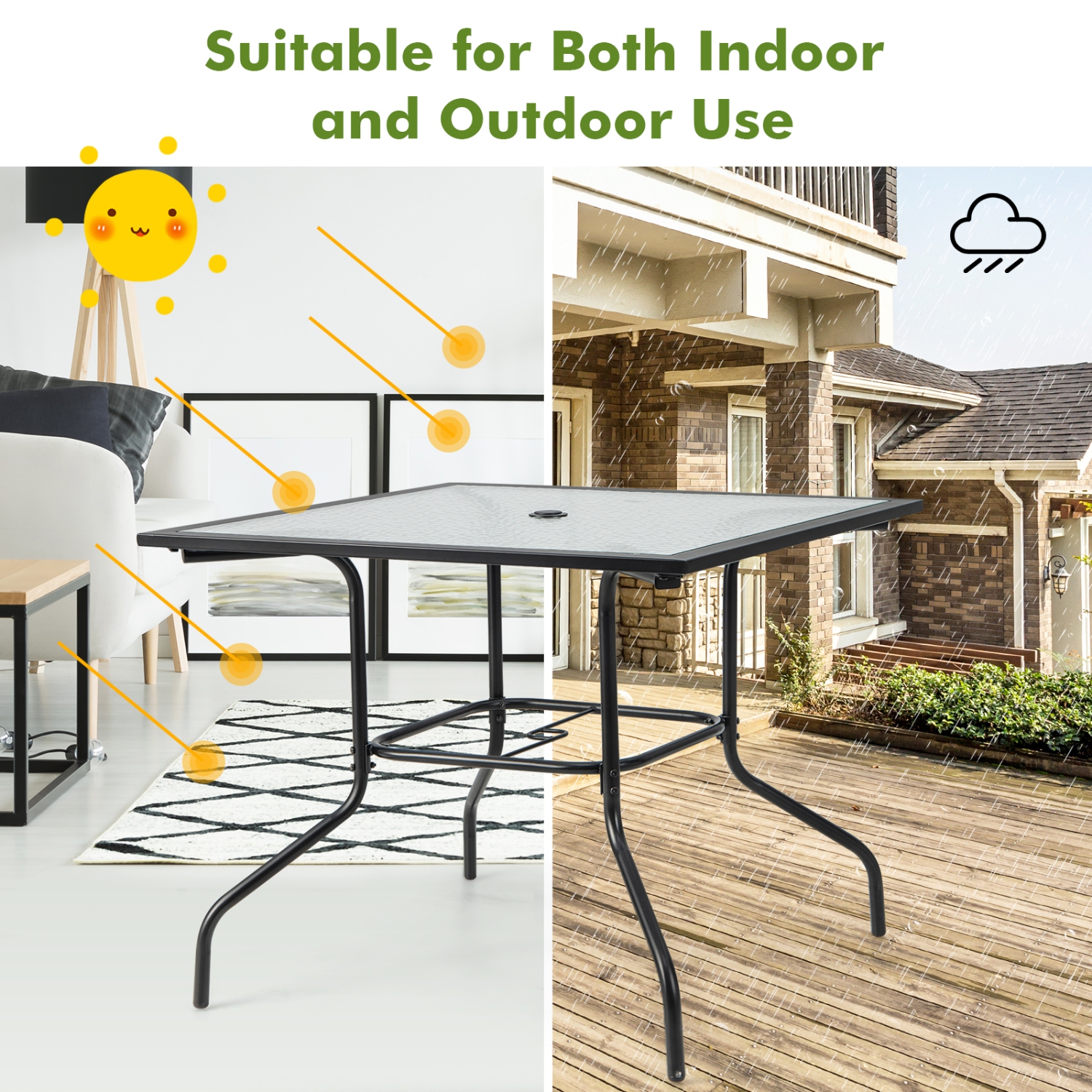 Table de patio de 35 po avec dessus en verre trempé et trou de parasol de 1,5 po de Costway