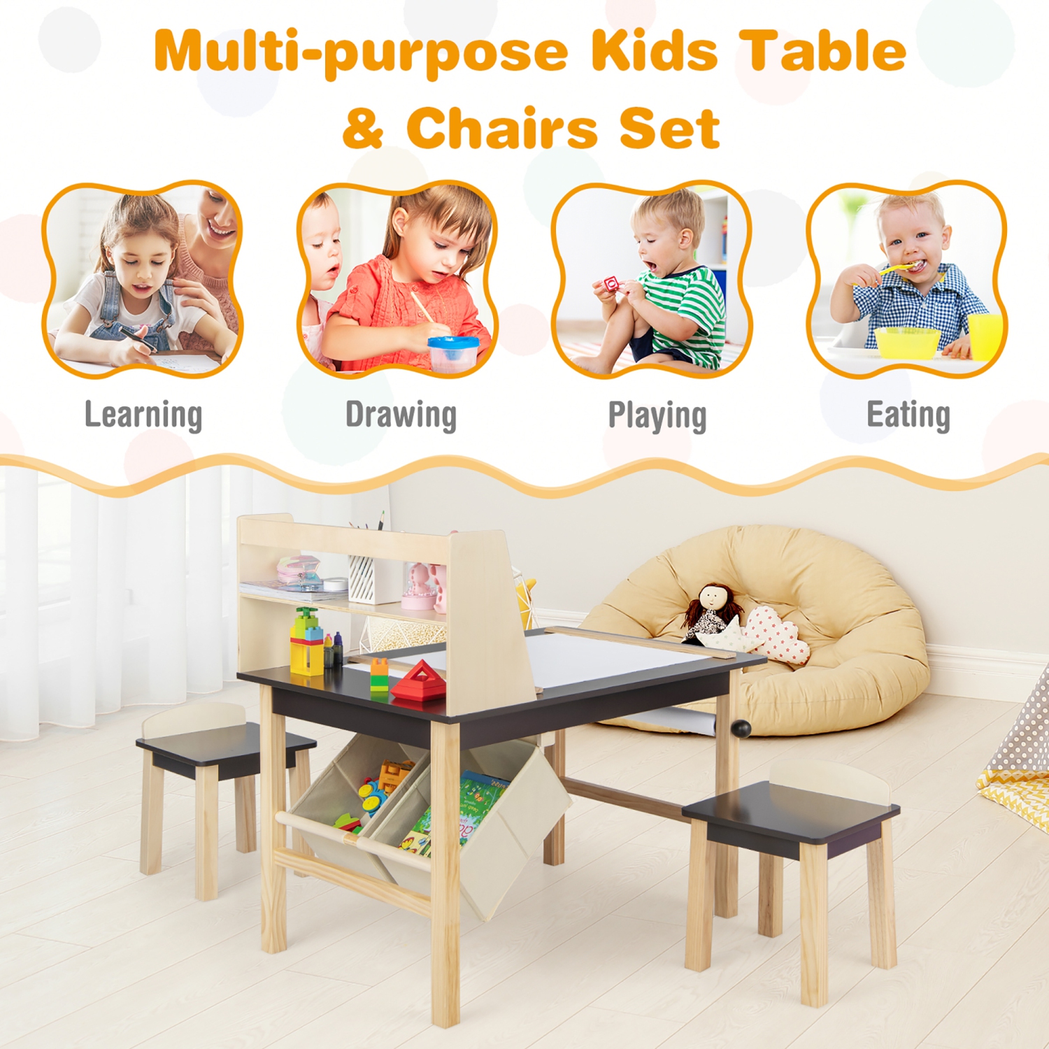 Costway Kids Art Table & Chairs Set Wooden Drawing Desk with Paper Roll Storage Shelf Bins