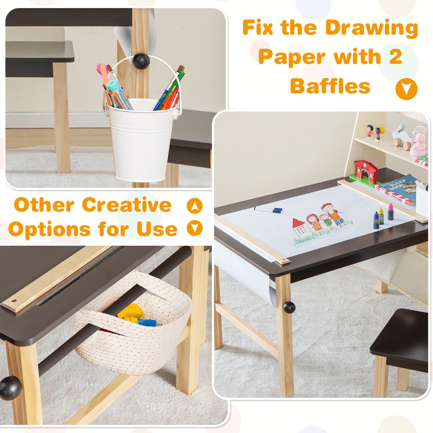 Costway Kids Art Table & Chairs Set Wooden Drawing Desk with Paper Roll Storage Shelf Bins