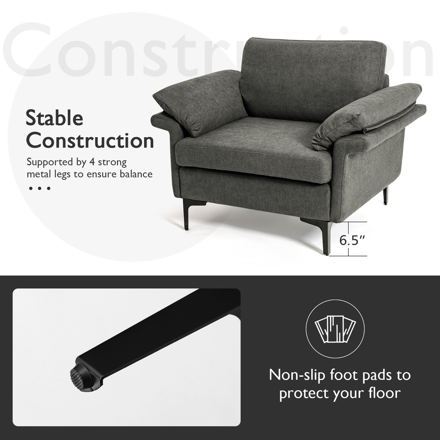 Costway Modern Linen Fabric Accent Armchair Upholstered Single Sofa w/ Metal Legs Grey