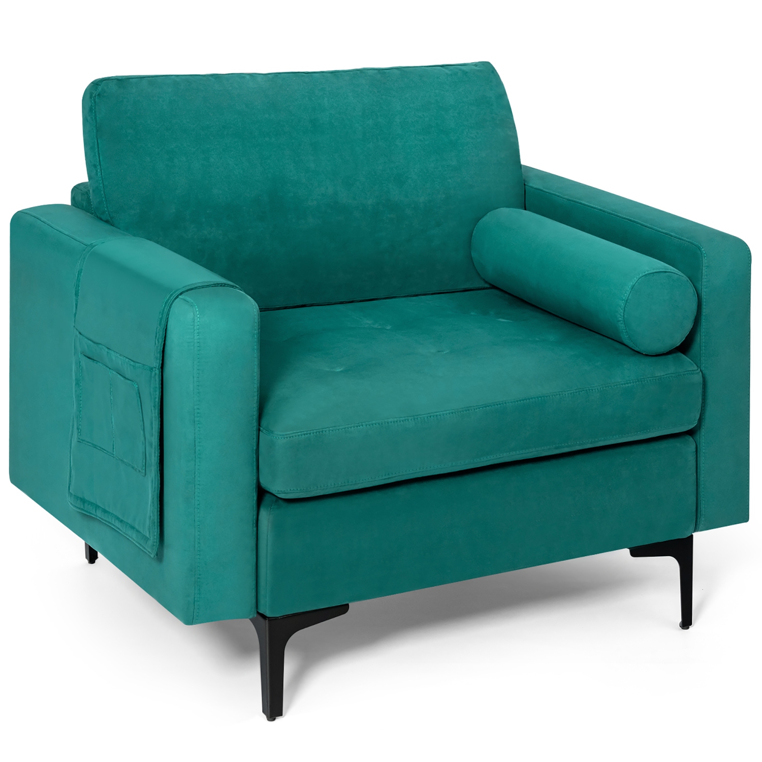 Costway Fabric Accent Armchair Single Sofa w/ Bolster & Side Storage Pocket Teal