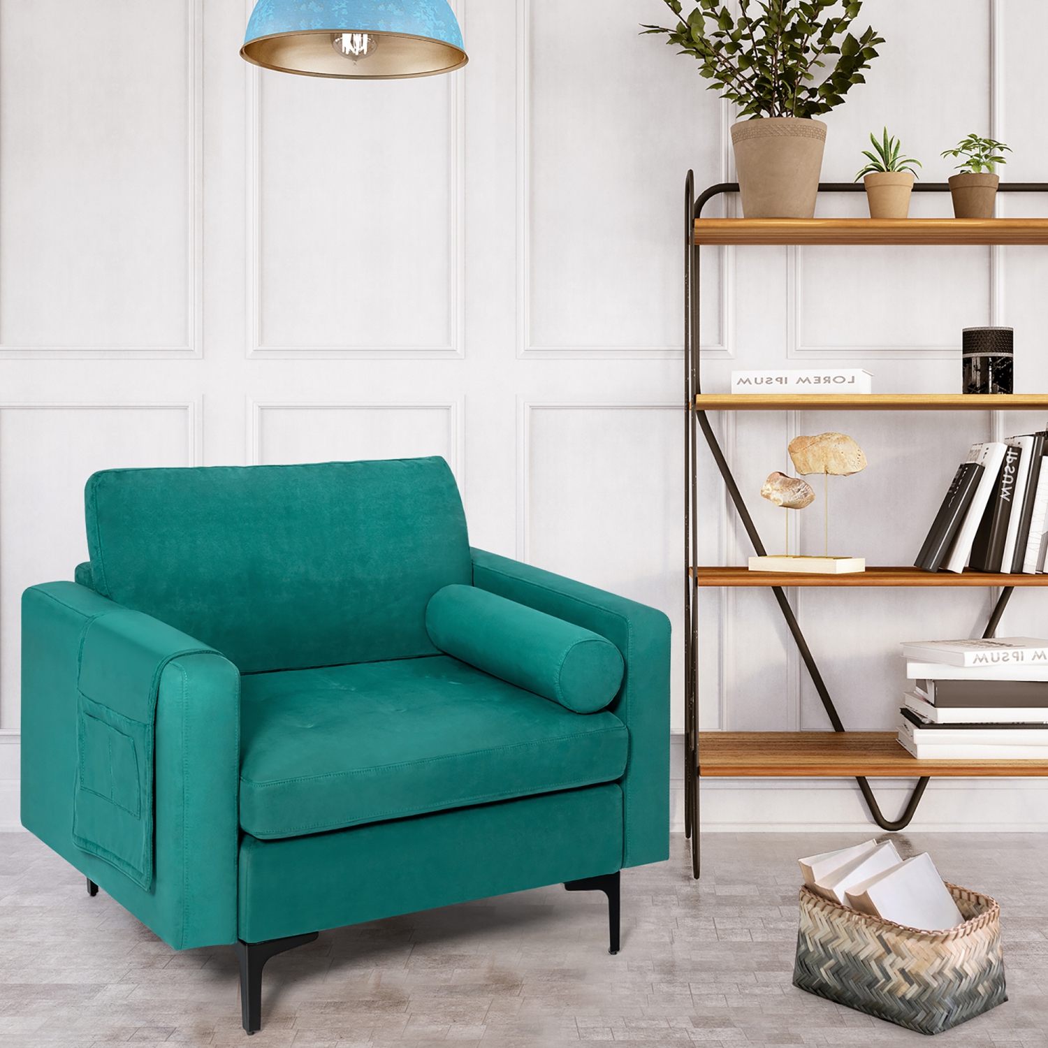 Costway Fabric Accent Armchair Single Sofa w/ Bolster & Side Storage Pocket Teal