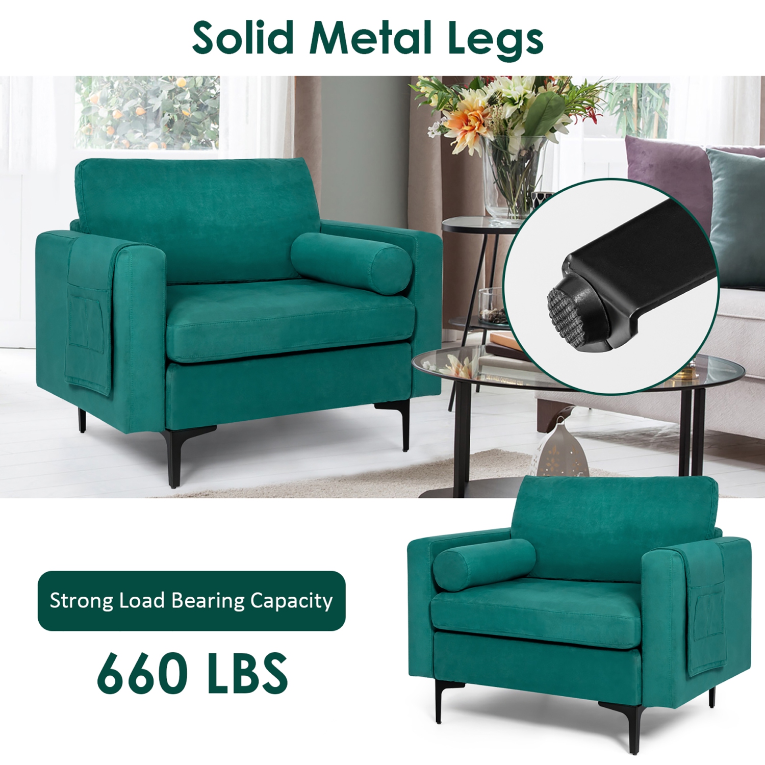 Costway Fabric Accent Armchair Single Sofa w/ Bolster & Side Storage Pocket Teal