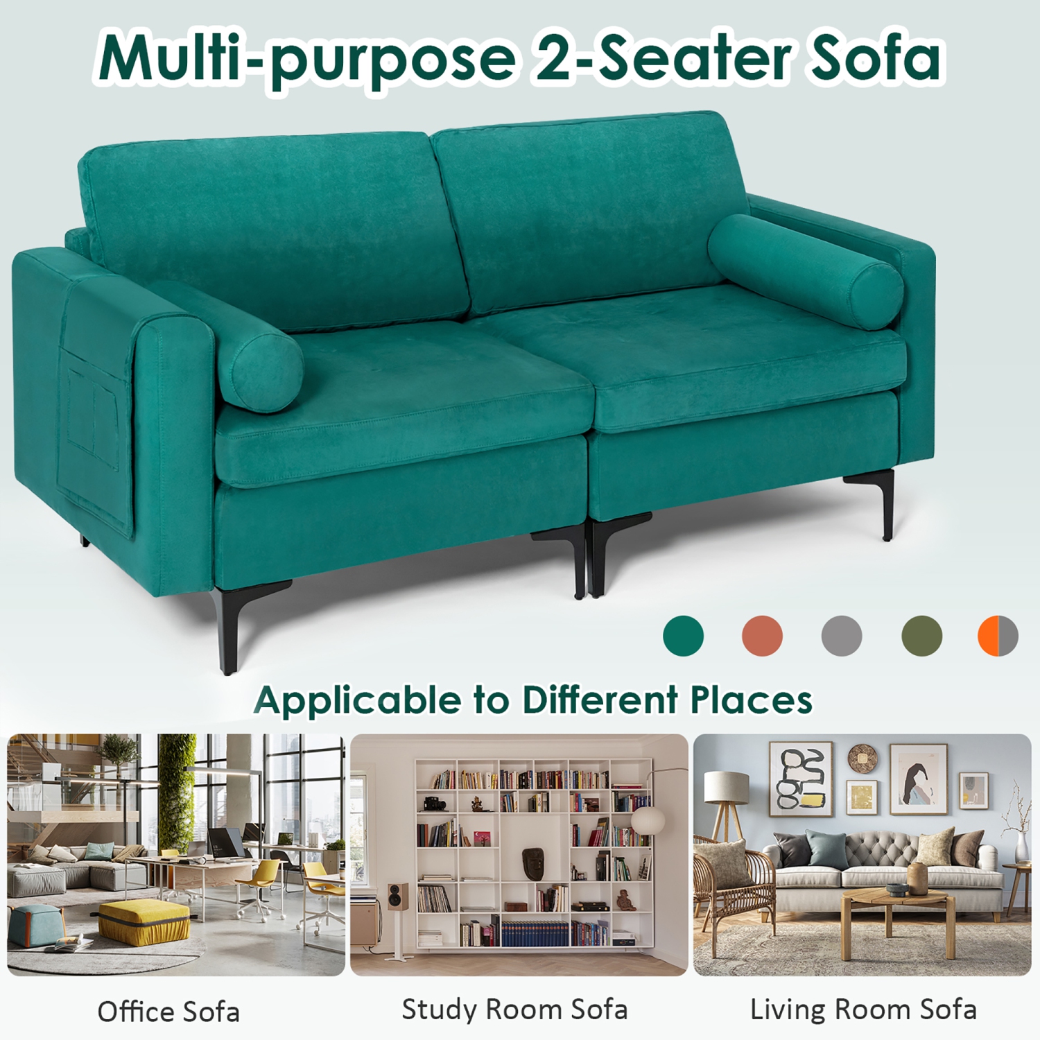Costway Modern Loveseat 2-Seat Sofa Couch w/ 2 Bolsters Side Storage Pocket Teal