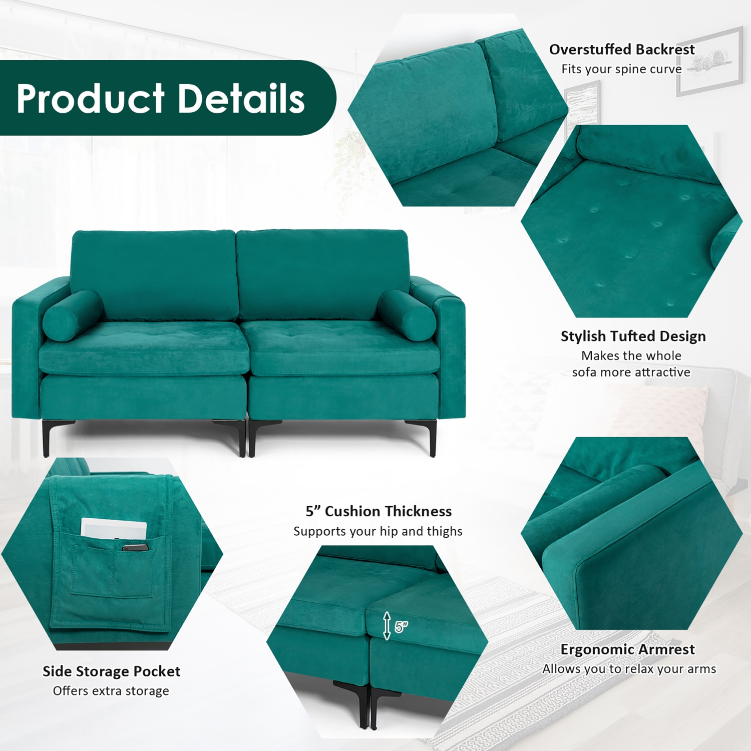 Costway Modern Loveseat 2-Seat Sofa Couch w/ 2 Bolsters Side Storage Pocket Teal
