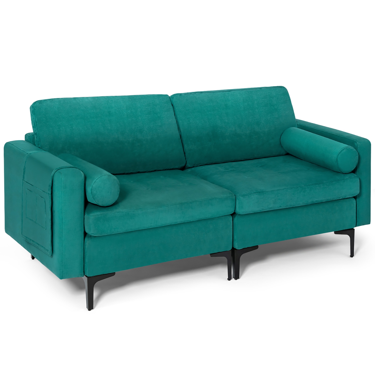 Costway Modern Loveseat 2-Seat Sofa Couch w/ 2 Bolsters Side Storage Pocket Teal