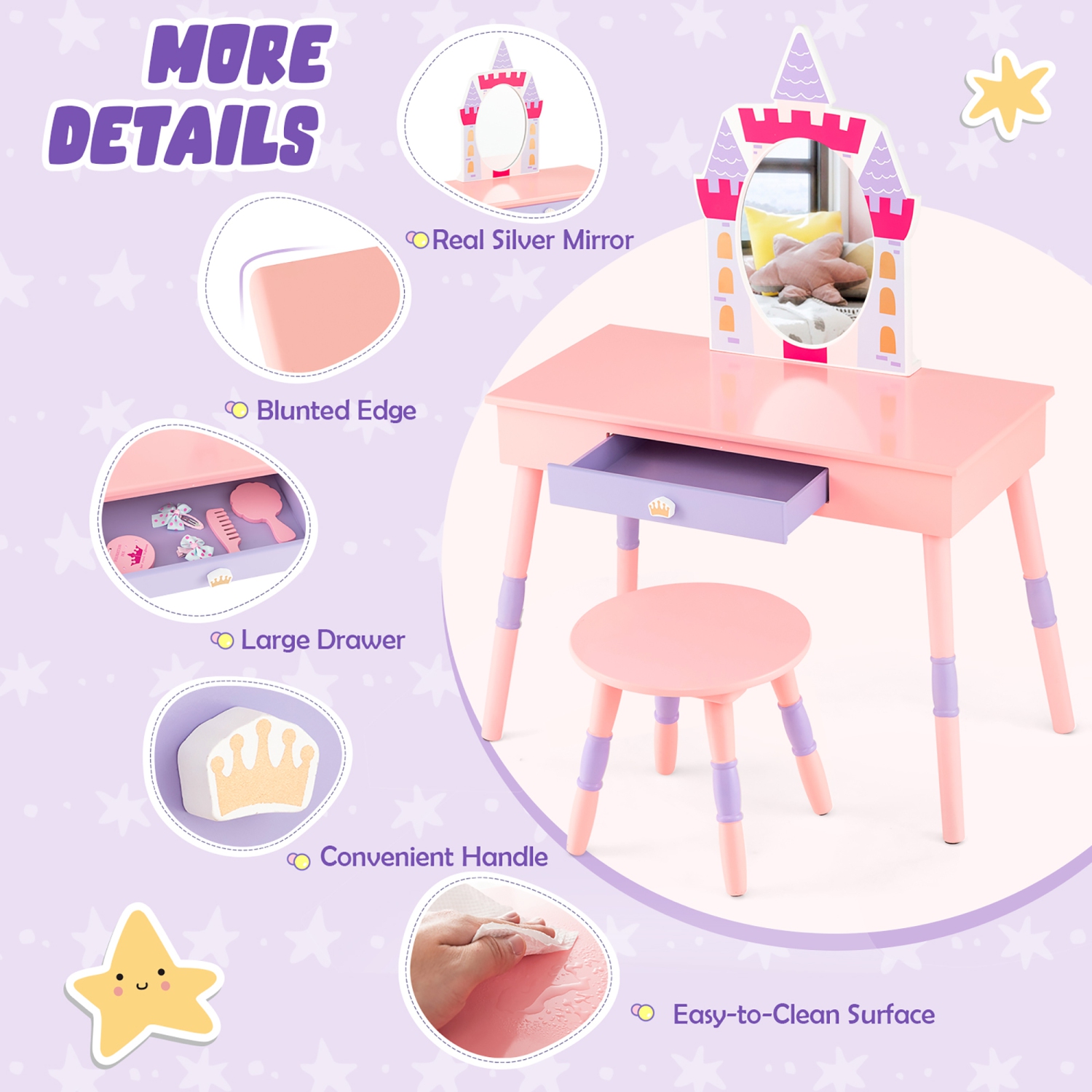 Costway Kids Vanity Set Princess Makeup Pretend Play Dressing Mirror Castle Girls Pink