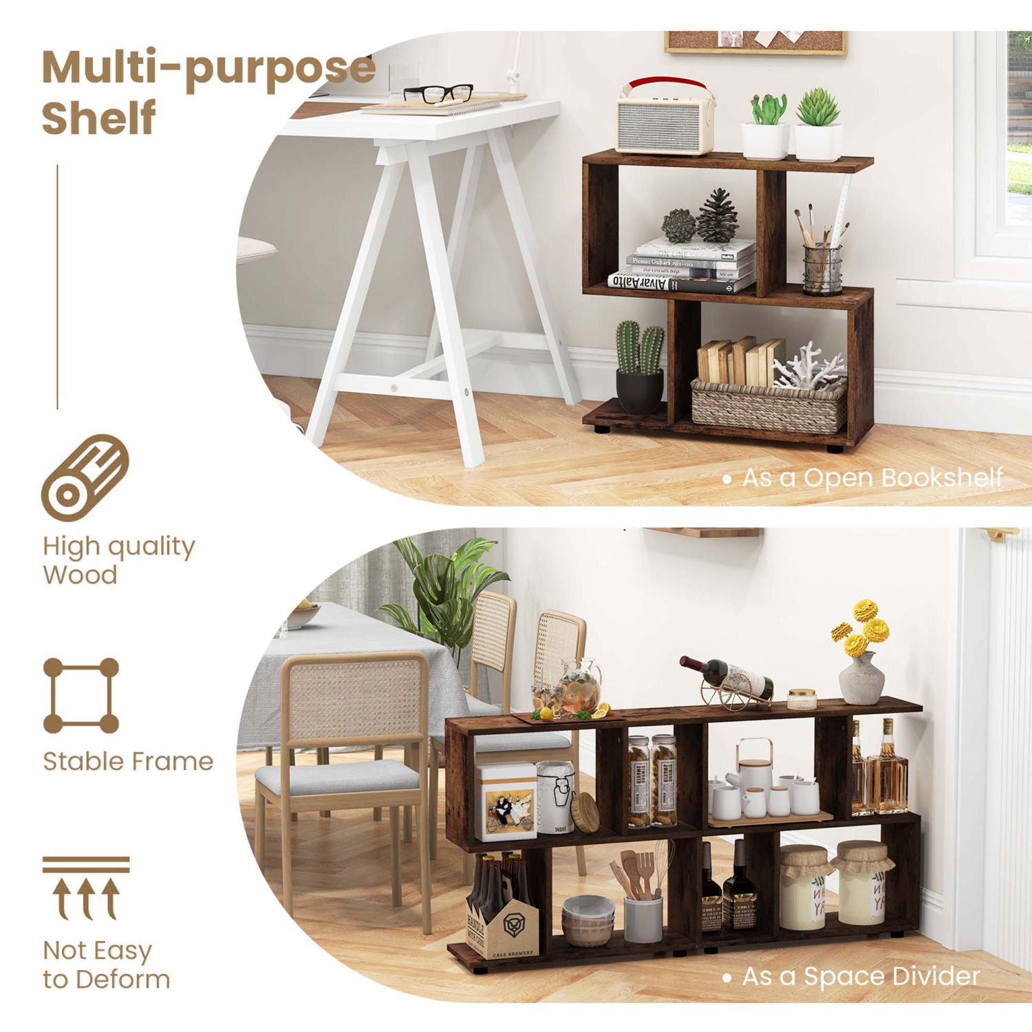 Étagère de rangement à 2 tablettes en bois autonome de Costway - Noir-brun