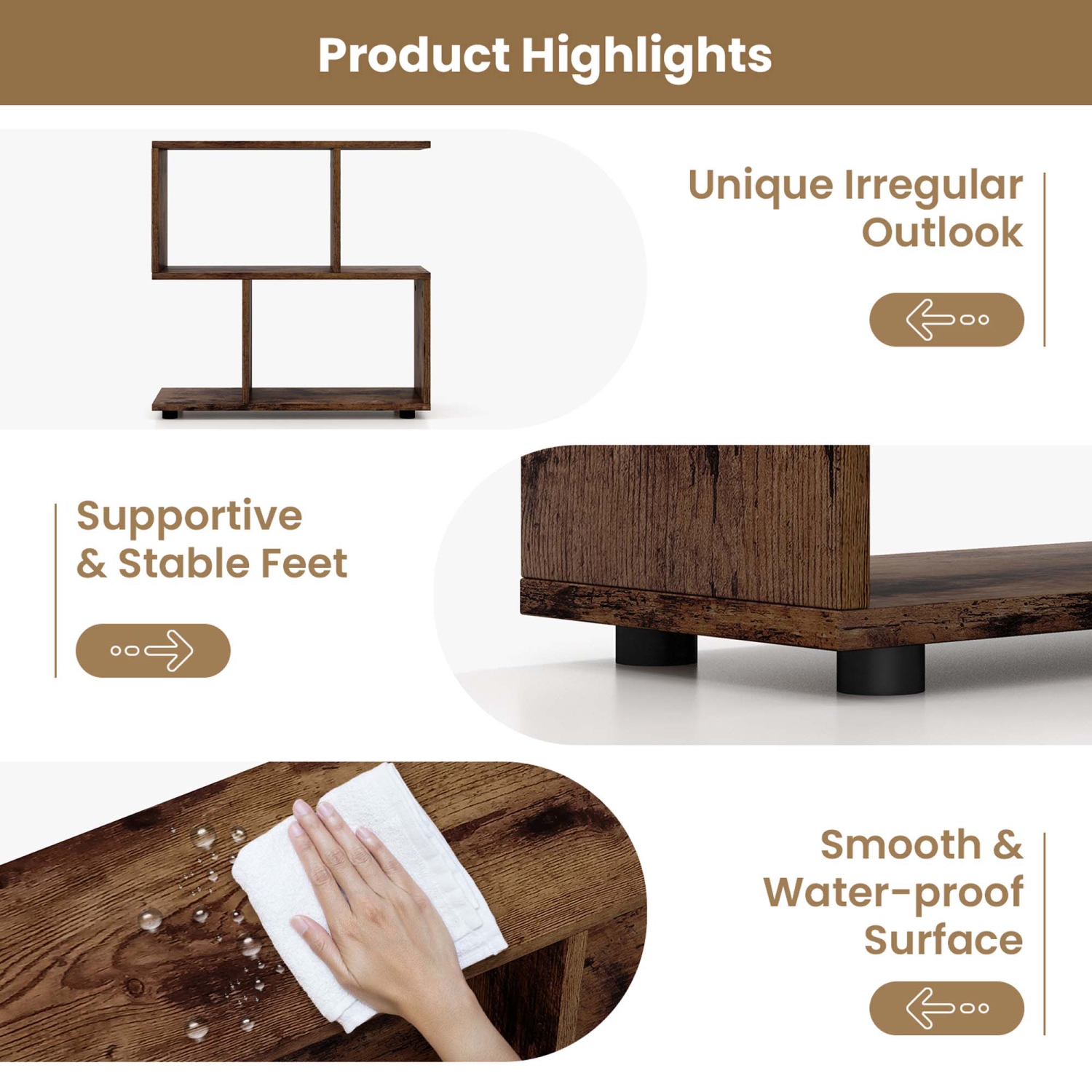 Étagère de rangement à 2 tablettes en bois autonome de Costway - Noir-brun
