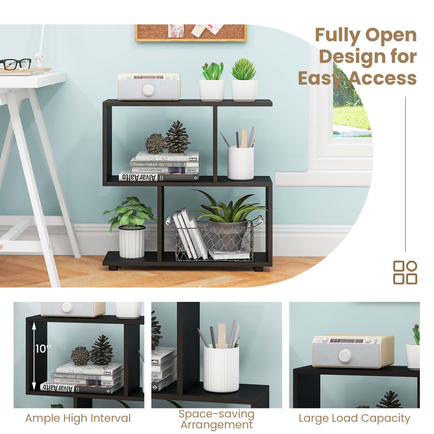 Étagère de rangement à 2 tablettes en bois autonome de Costway - Noir-brun