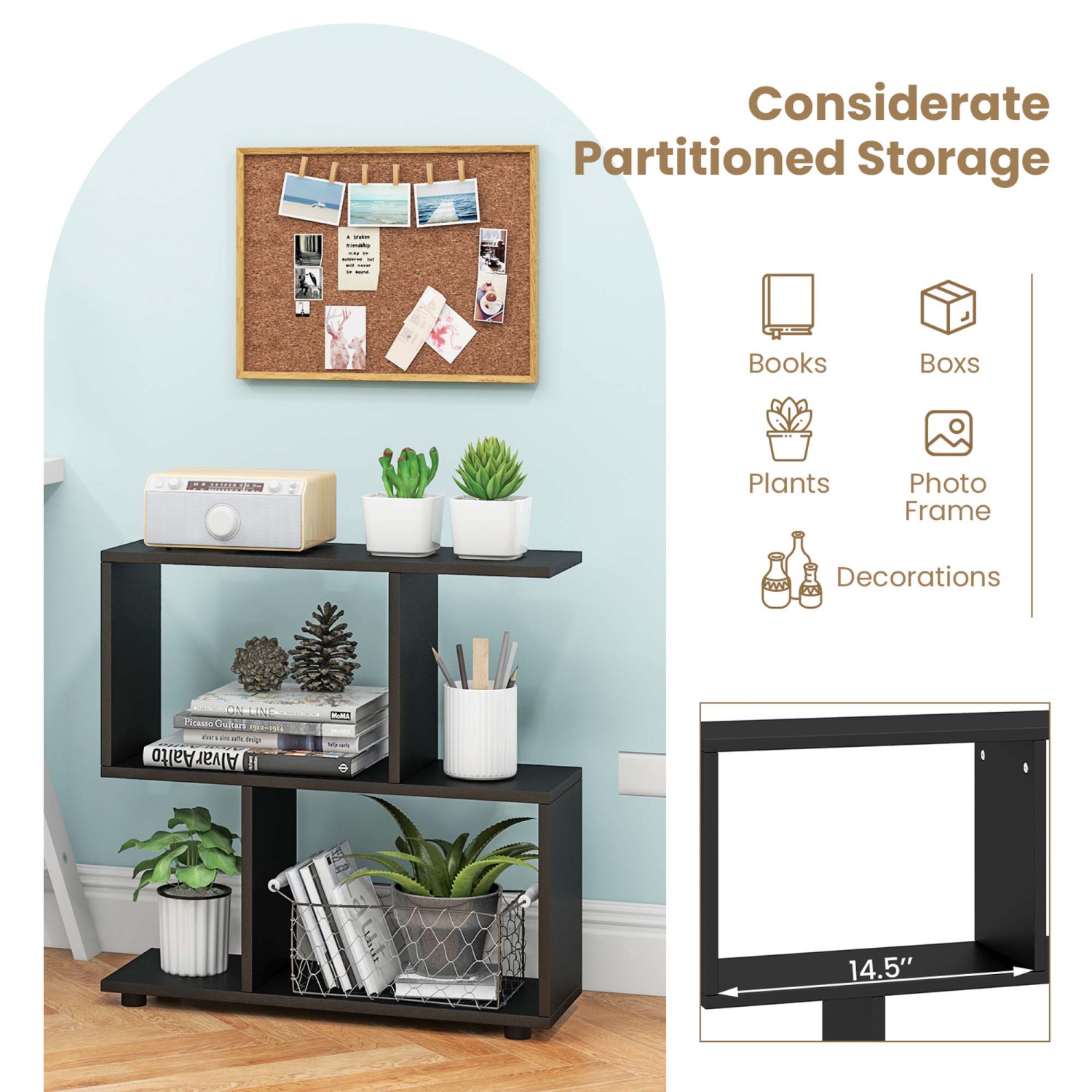 Étagère de rangement à 2 tablettes en bois autonome de Costway - Noir-brun