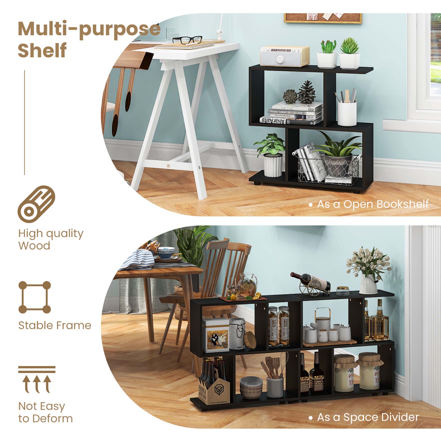 Étagère de rangement à 2 tablettes en bois autonome de Costway - Noir-brun