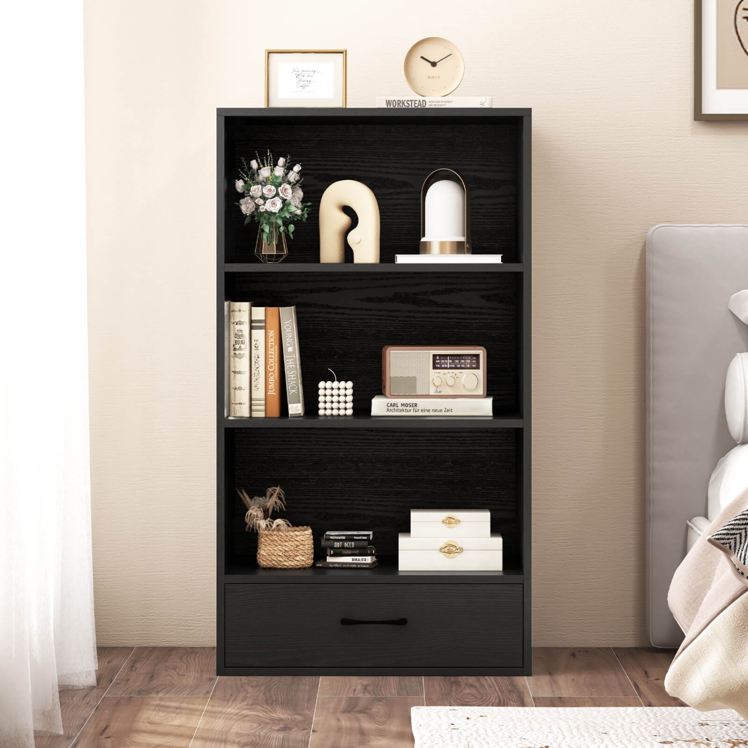 Bibliothèque de rangement en bois à 4 tablettes de 42&nbsp;po de hauteur avec tiroir de rangement pour la maison de Costway