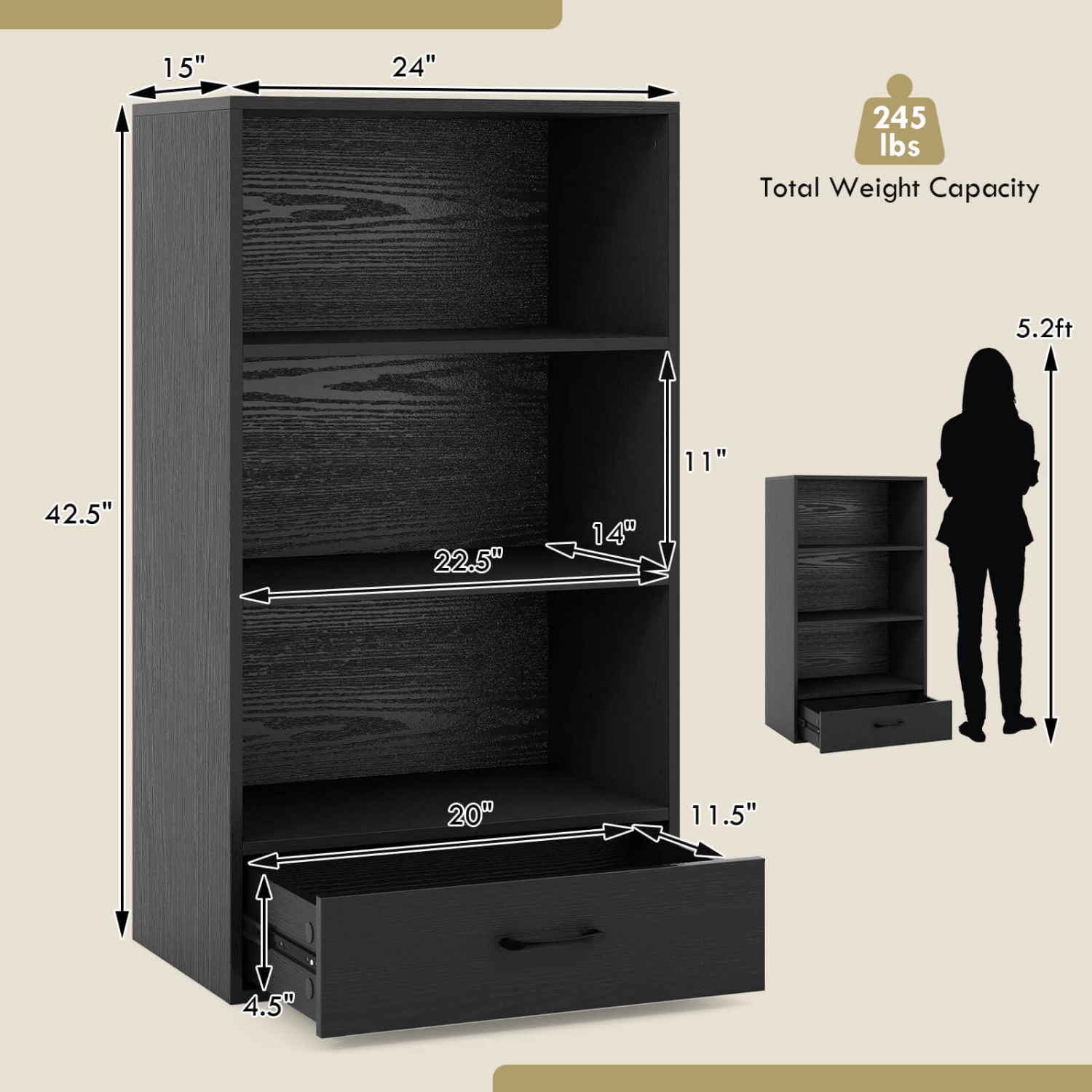 Bibliothèque de rangement en bois à 4 tablettes de 42&nbsp;po de hauteur avec tiroir de rangement pour la maison de Costway