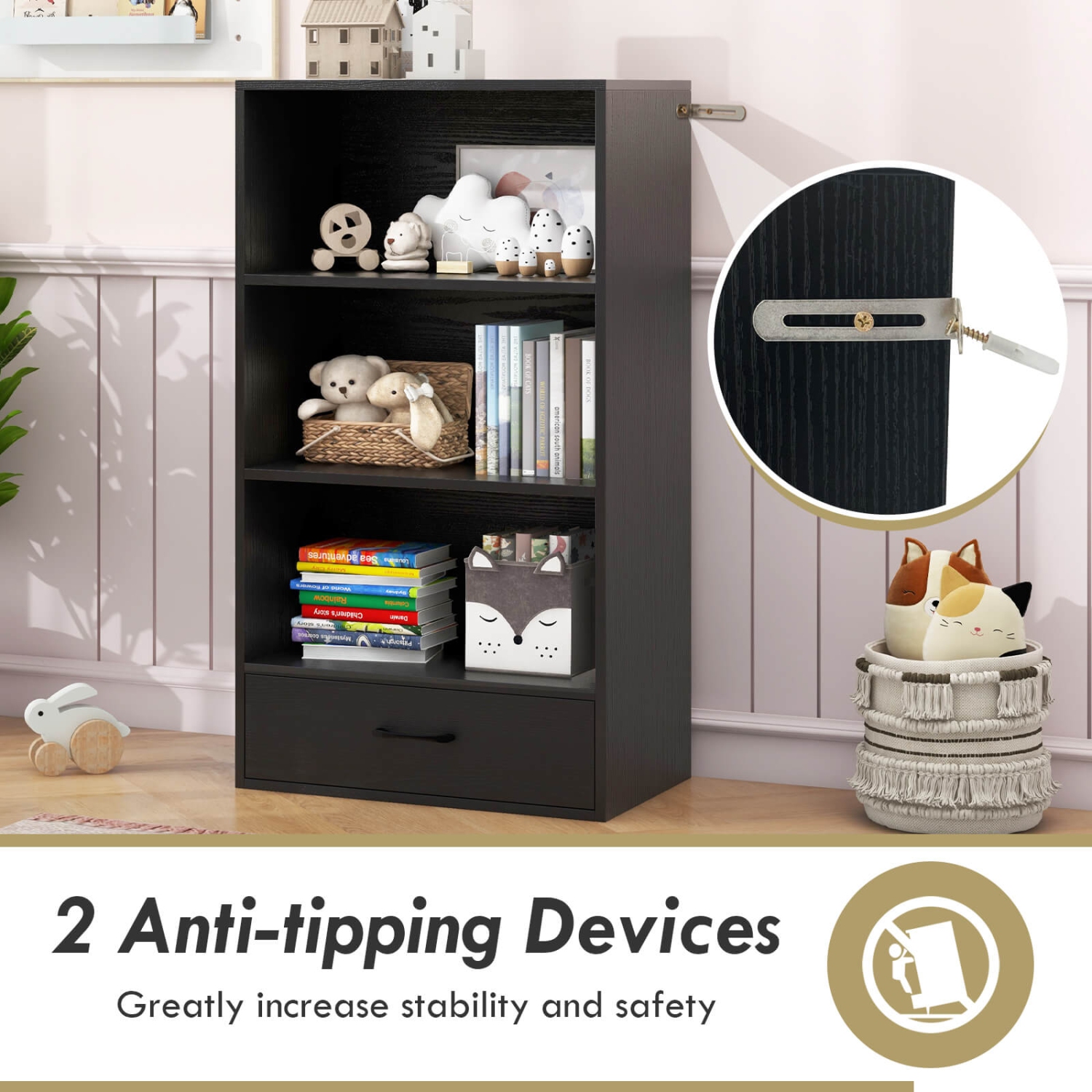 Bibliothèque de rangement en bois à 4 tablettes de 42&nbsp;po de hauteur avec tiroir de rangement pour la maison de Costway