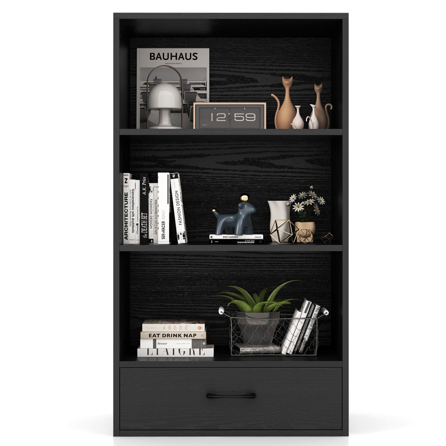 Bibliothèque de rangement en bois à 4 tablettes de 42&nbsp;po de hauteur avec tiroir de rangement pour la maison de Costway