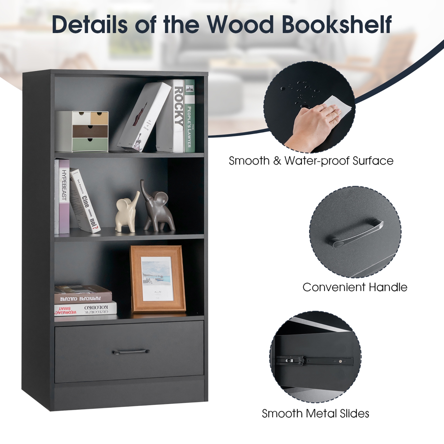 Bibliothèque de rangement en bois à 4 tablettes de 42&nbsp;po de hauteur avec tiroir de rangement pour la maison de Costway