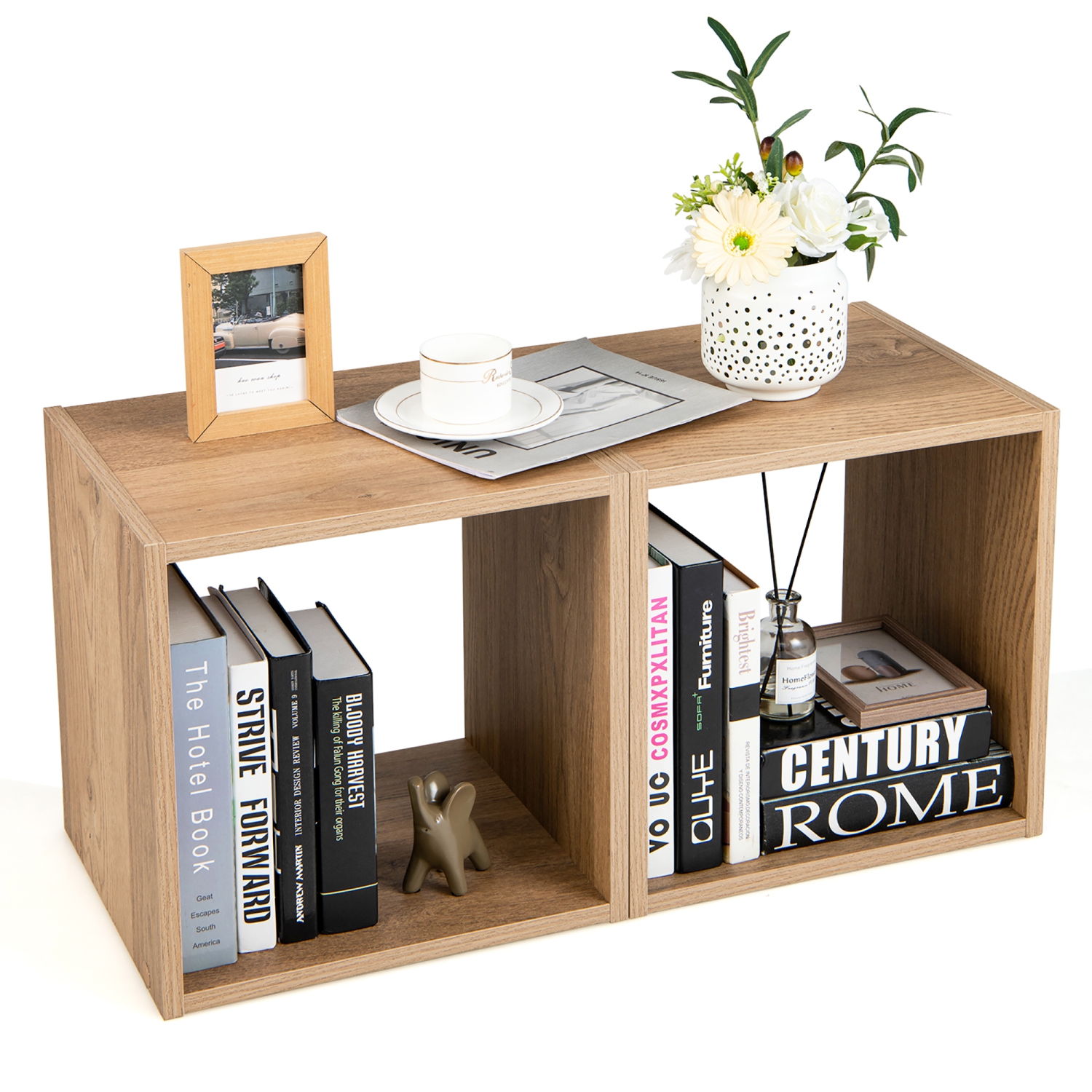 Meuble de rangement compact à 2 niveaux en vinyle empilable en bois 2 PCS de Costway