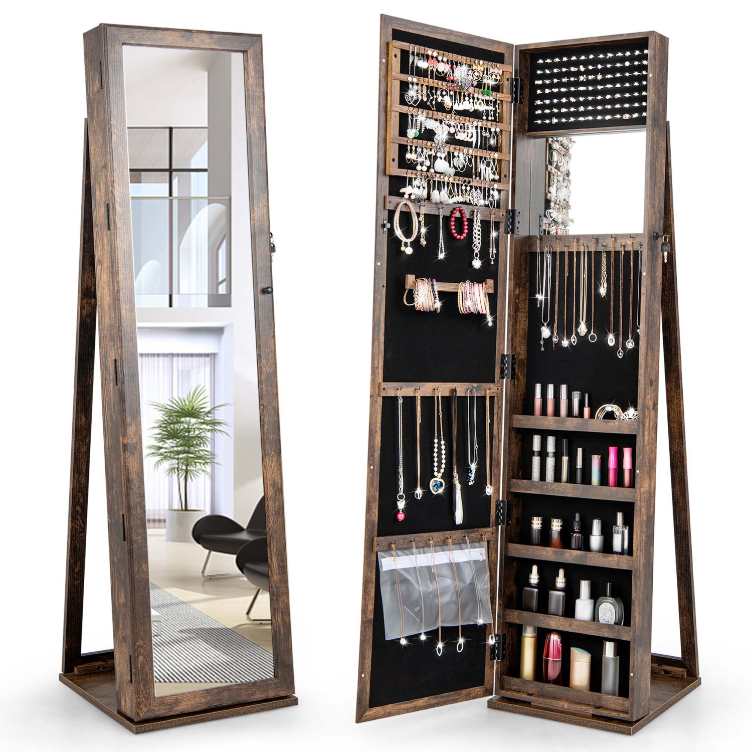 Armoire à bijoux avec porte-bijoux en miroir de Costway avec rangement verrouillable et tablette