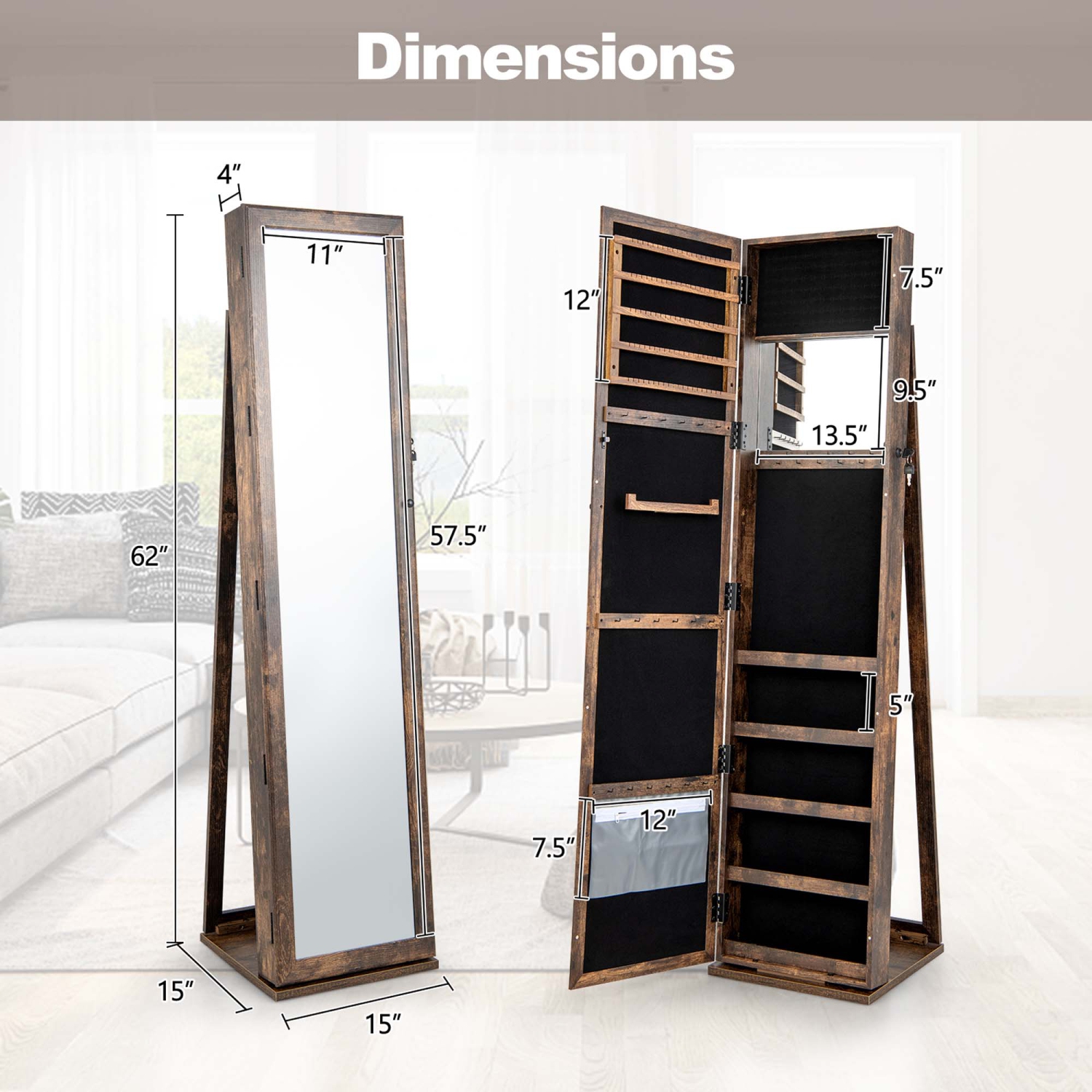Armoire à bijoux avec porte-bijoux en miroir de Costway avec rangement verrouillable et tablette