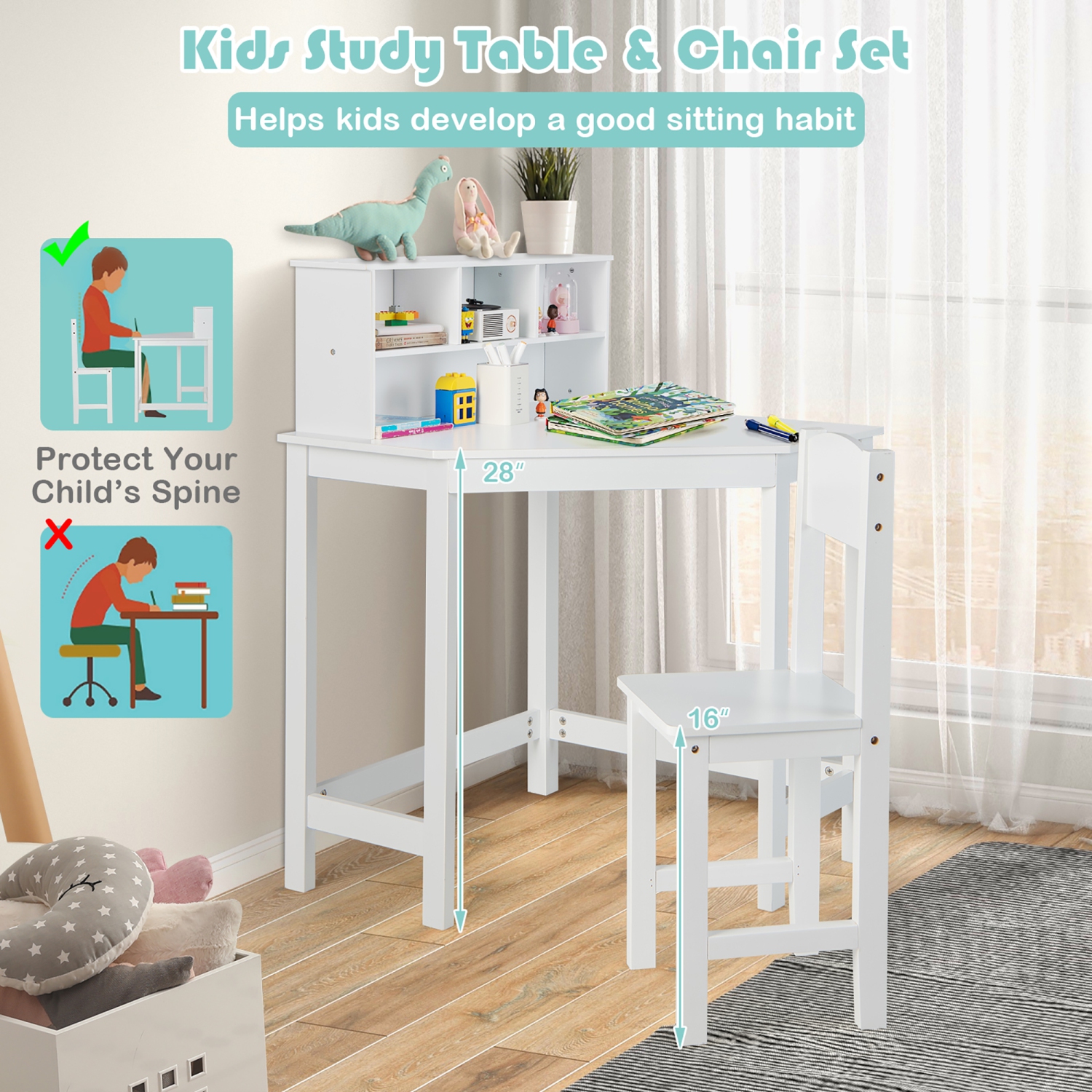 Bureau d'angle et chaise en bois pour enfants avec espace de rangement et étagère de Costway