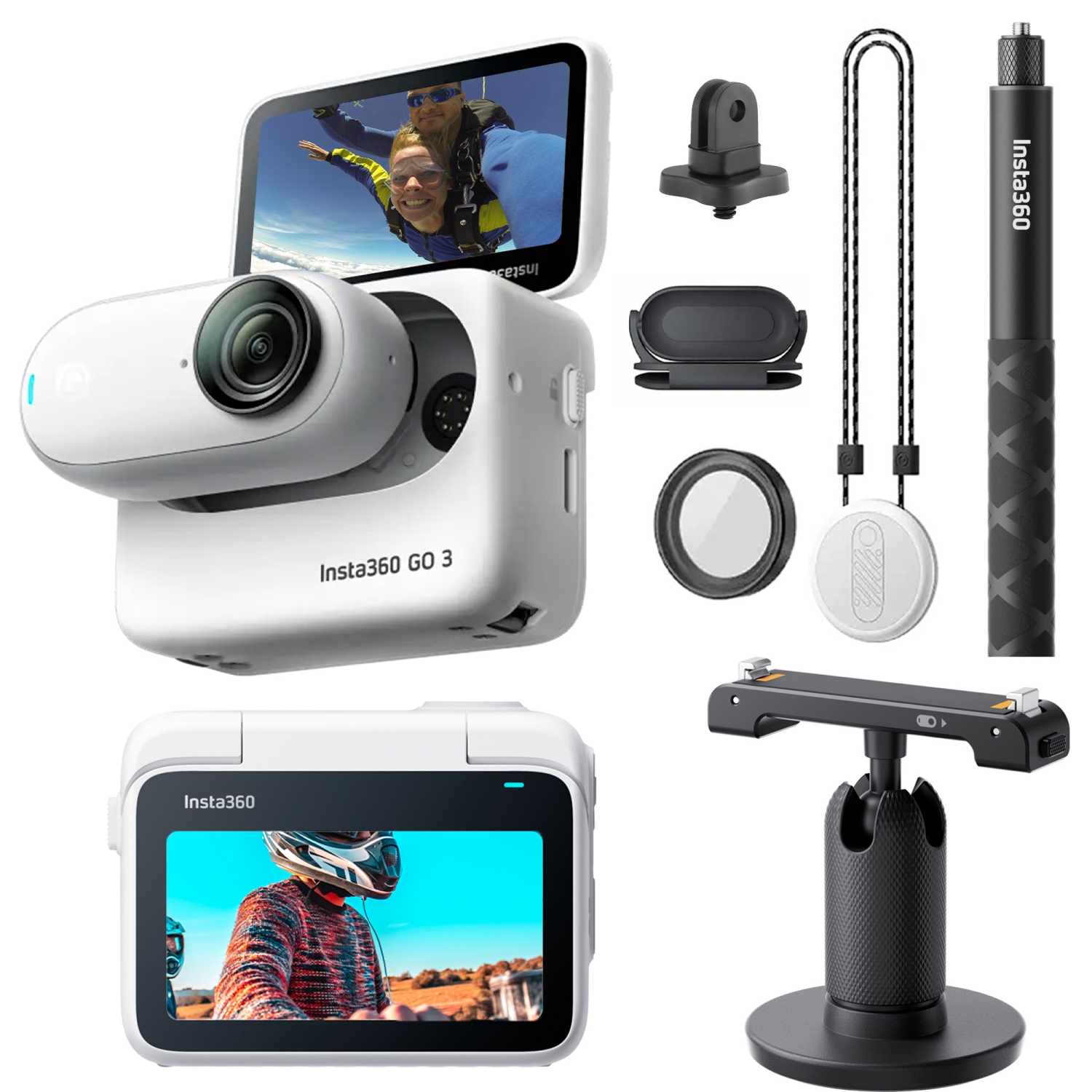 Insta360 GO 3 128GB Tiny Mighty Action Camera, Weighs 35g, Waterproof, Stabilization, POV Capture, with Charge Case and Wearable Camera Accessories + Invisible Selfie Stick + Mount