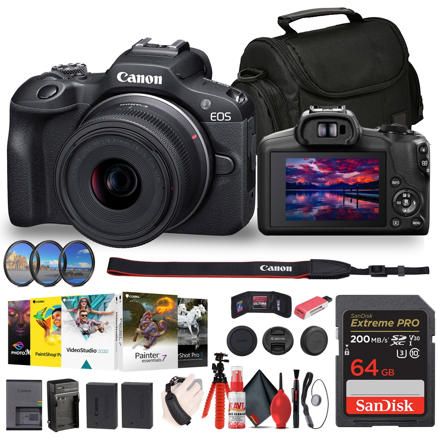 Canon EOS R100 Mirrorless Camera with 18-45mm Lens (6052C012) + Filter Kit + Corel Photo Software + Bag + 64GB Card + LPE17 Battery + Charger + Card Reader + Flex Tripod + Cleaning