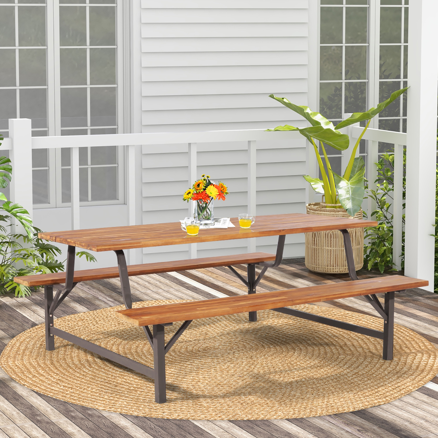 Costway Acacia Wood Patio Picnic Table Bench Set with 71" Tabletop & 2" Umbrella Hole