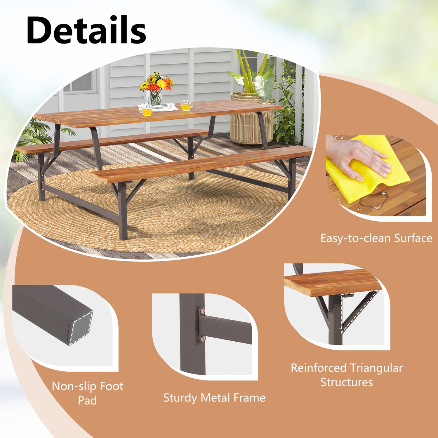 Costway Acacia Wood Patio Picnic Table Bench Set with 71" Tabletop & 2" Umbrella Hole
