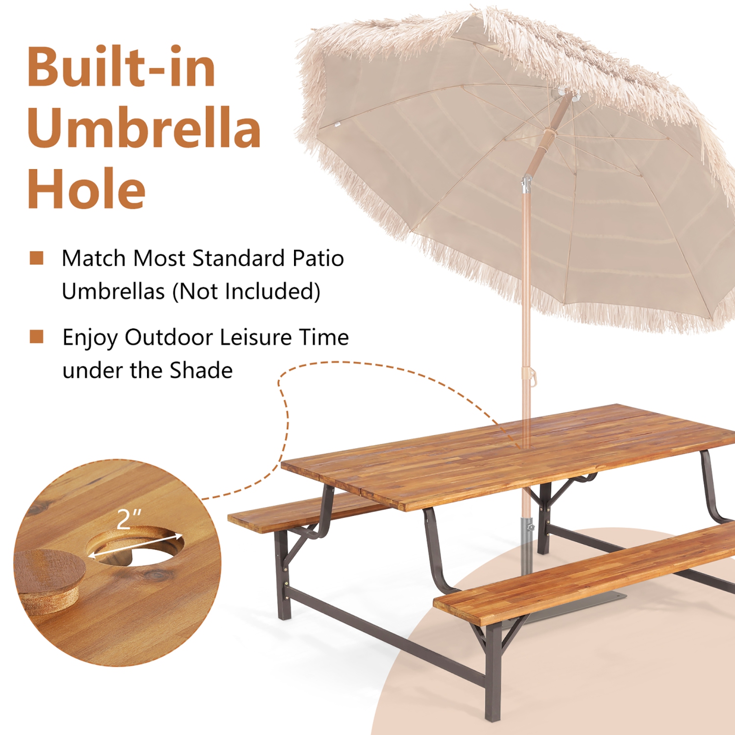 Costway Acacia Wood Patio Picnic Table Bench Set with 71" Tabletop & 2" Umbrella Hole