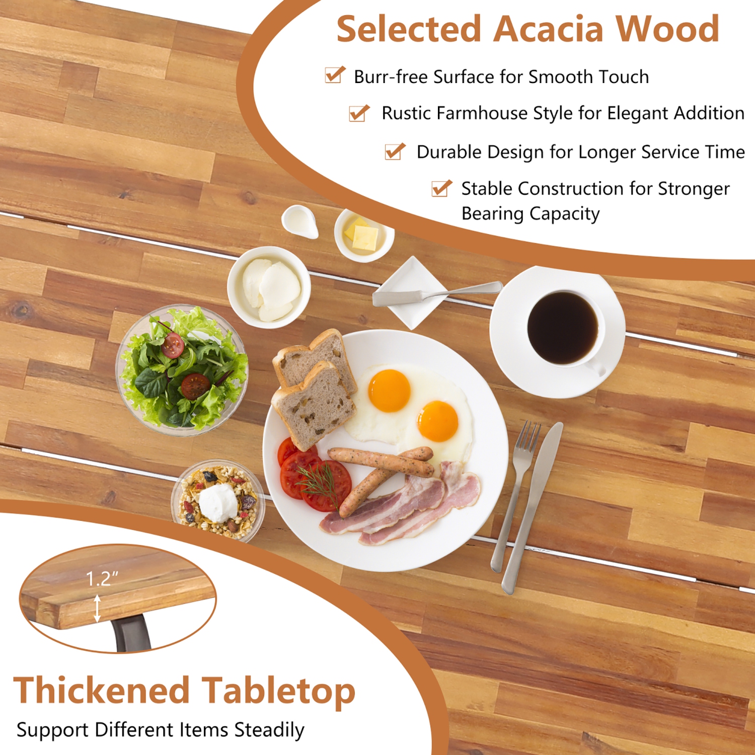 Costway Acacia Wood Patio Picnic Table Bench Set with 71" Tabletop & 2" Umbrella Hole