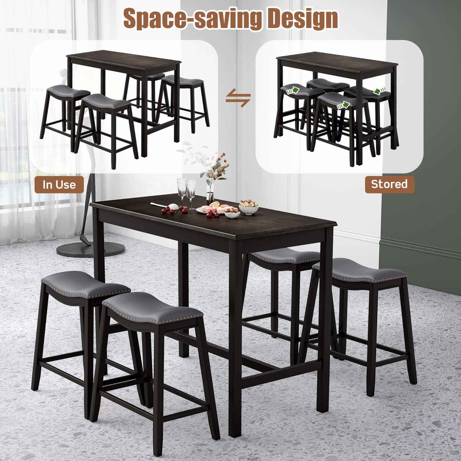 Costway 5PCS Bar Table Set Counter Height Table & Upholstered Saddle Stools Set for 4