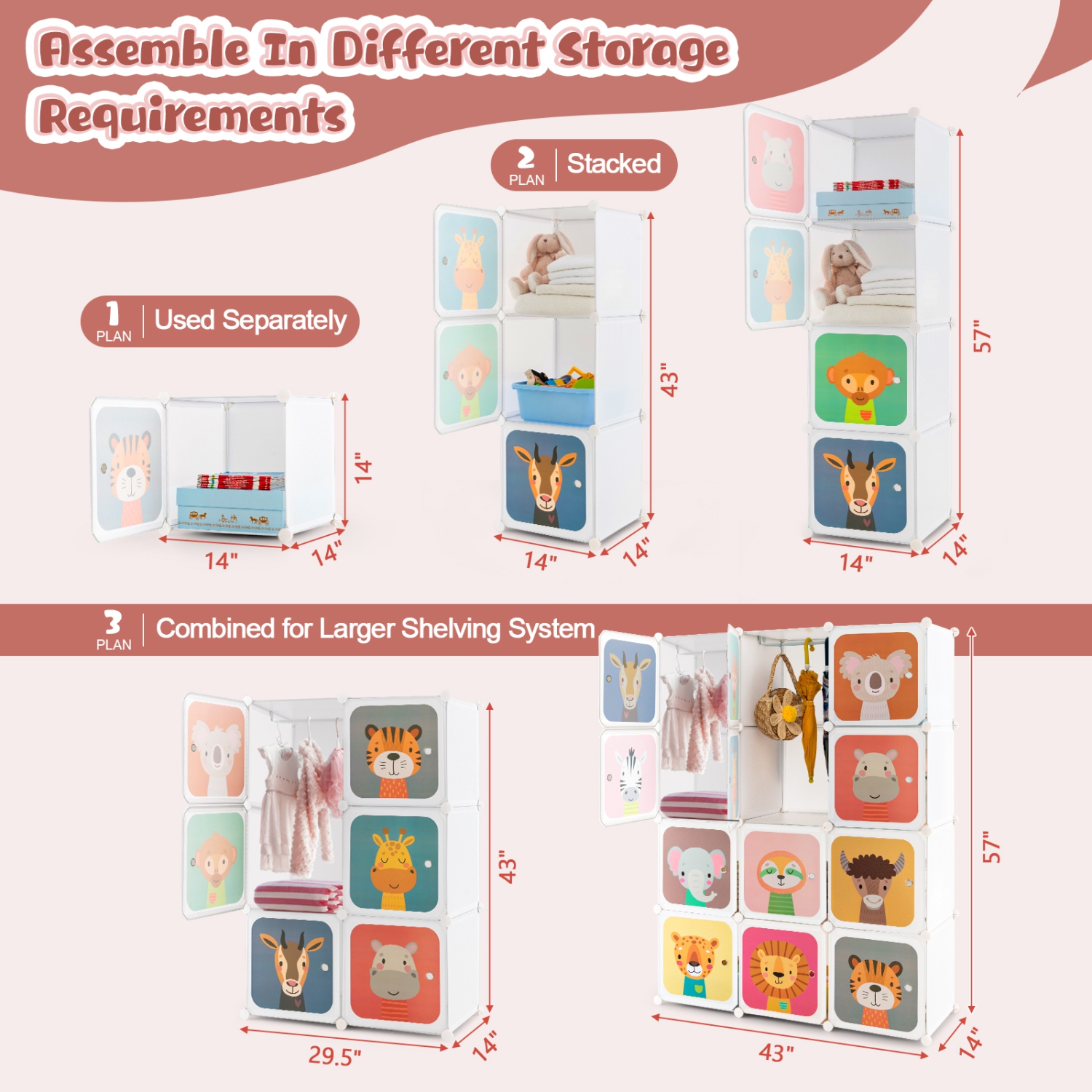 Costway 12-Cube Kids Wardrobe Baby Dresser Bedroom Armoire Clothes Hanging Closet with Door