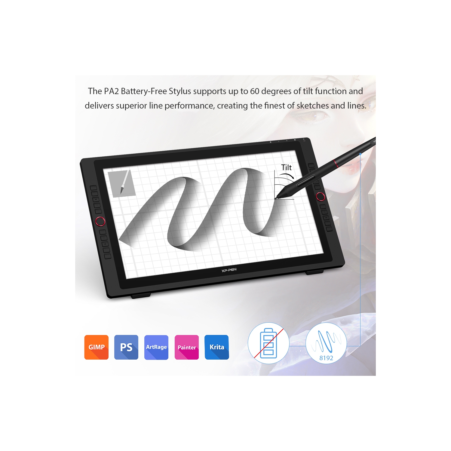 XPPen 23.8'' 2K QHD High Accuracy Pen Drawing Display with 2 Battery-free Stylus & 2 dial wheels and 20 Shortcut Keys