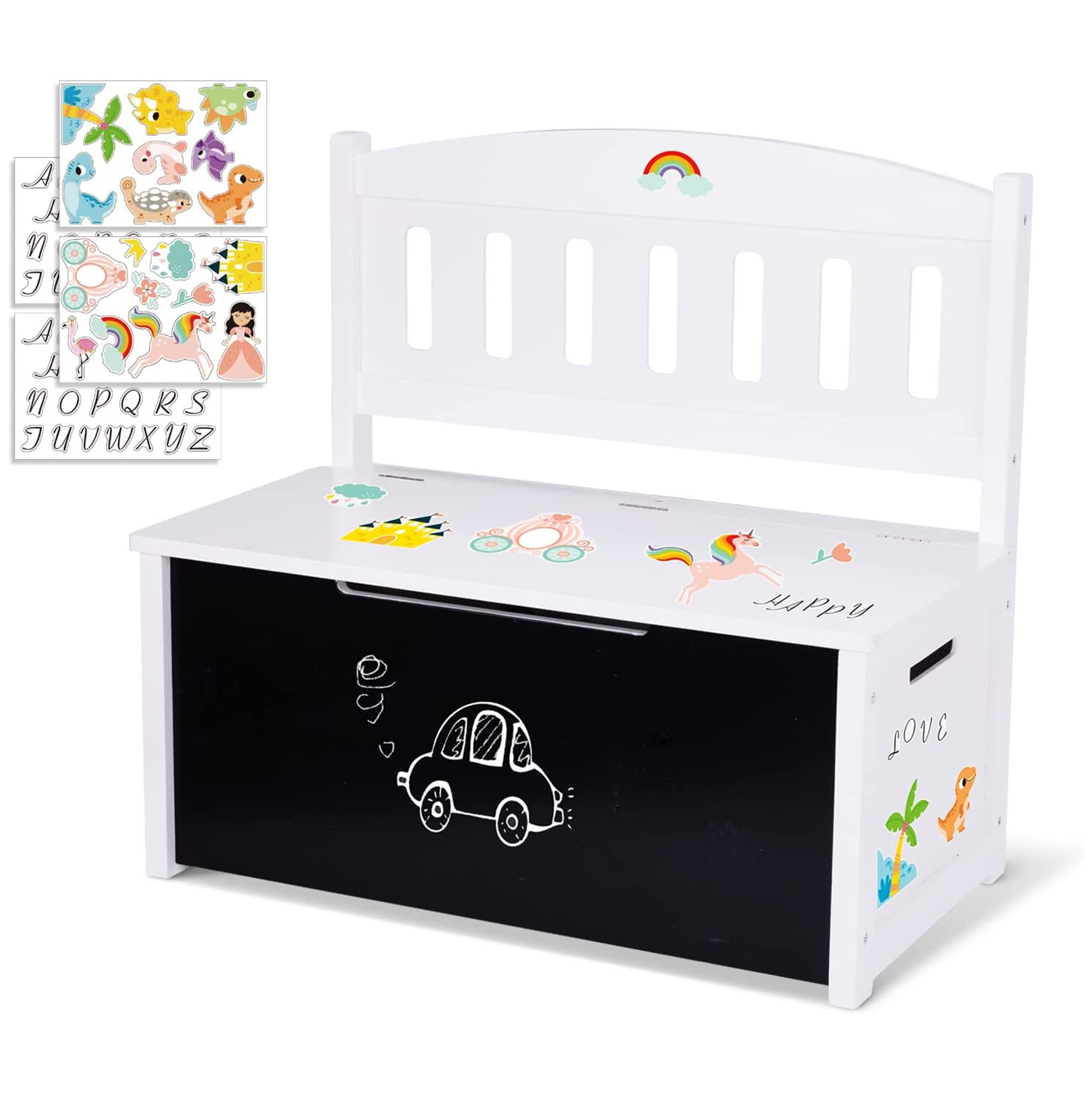 TOOKYLAND Wooden Toy Storage Box - Lift Top Chest and Seating Bench with Lid, Safety Hinge, Blackboard and Stickers, Toy Organizer for Kids 3 Year
