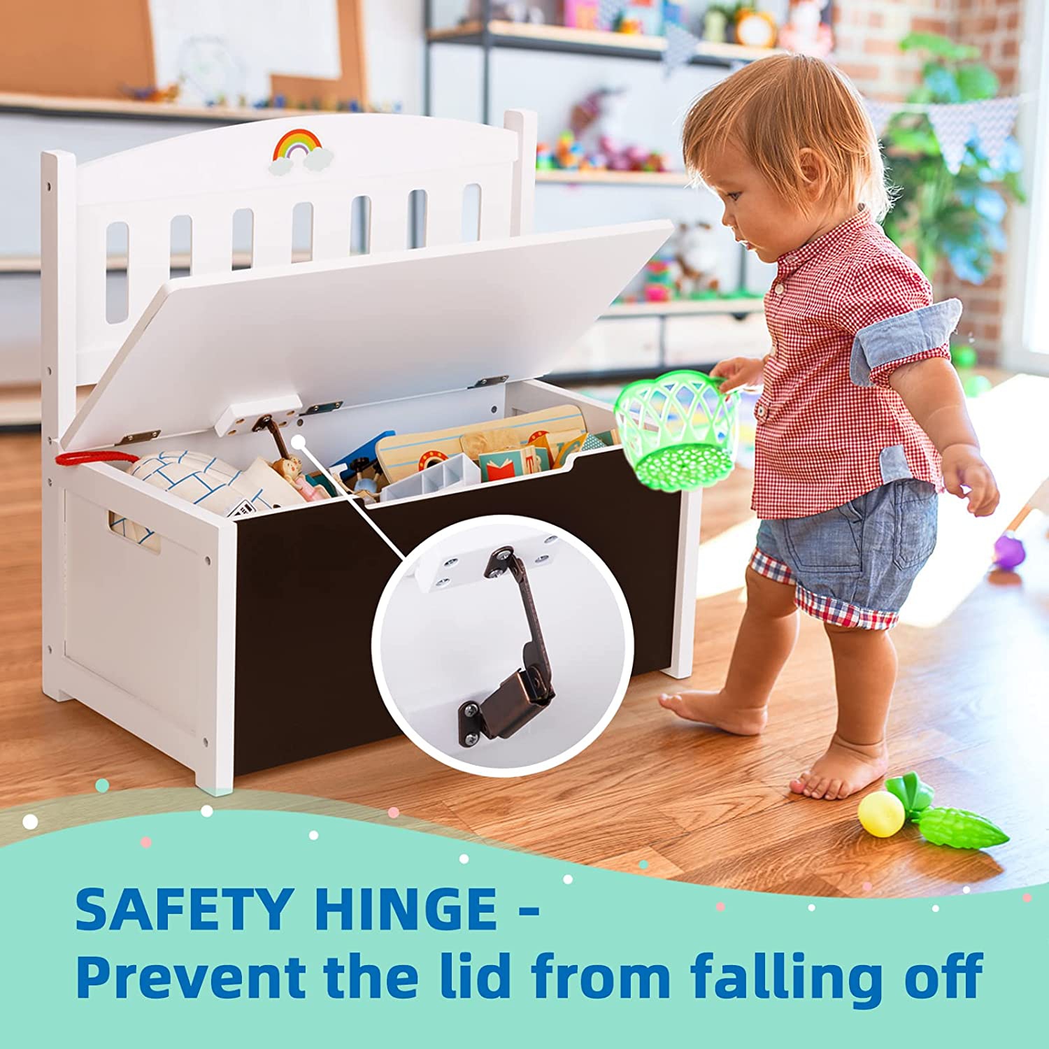 TOOKYLAND Wooden Toy Storage Box - Lift Top Chest and Seating Bench with Lid, Safety Hinge, Blackboard and Stickers, Toy Organizer for Kids 3 Year